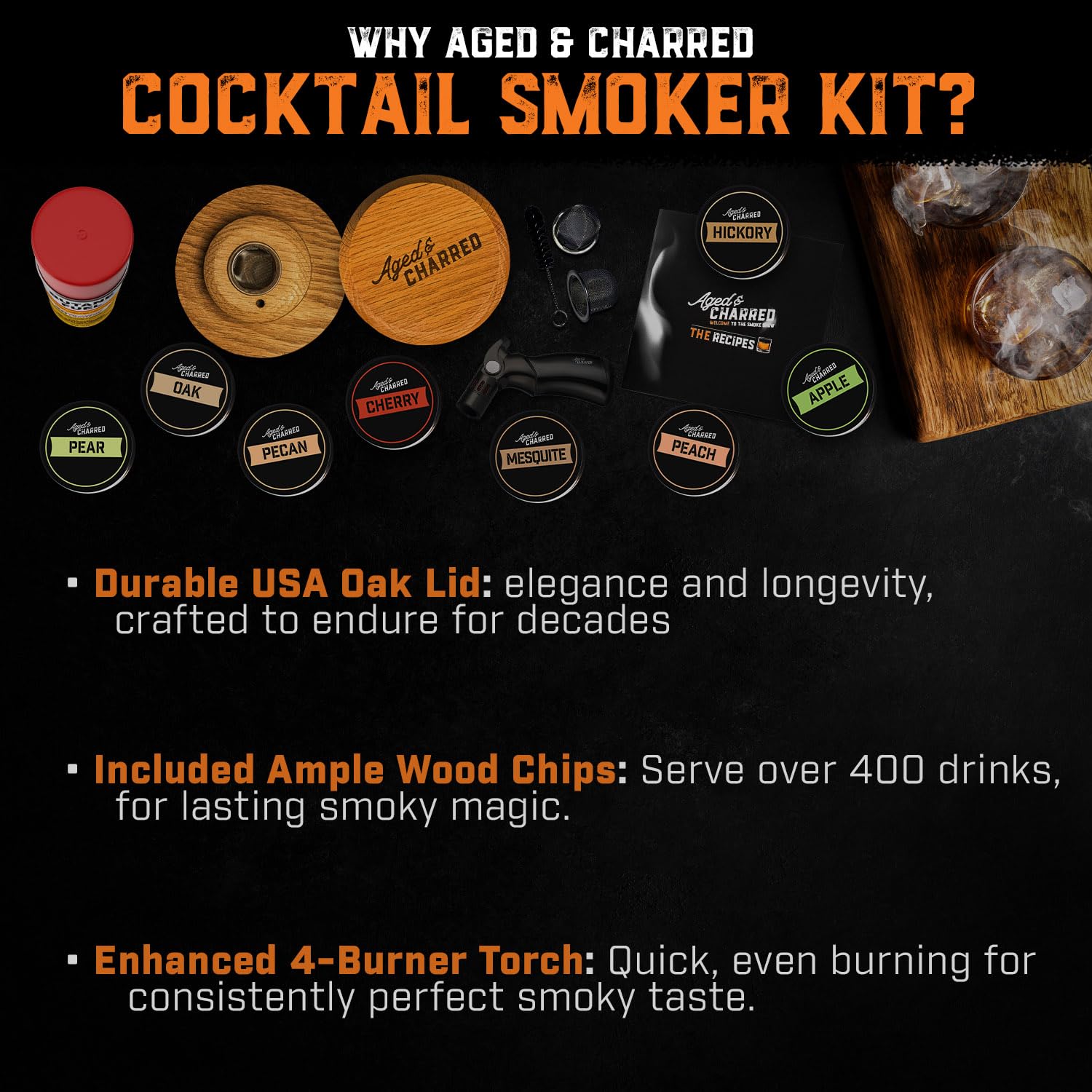 Premium Cocktail Smoker Kit with Torch & Wood Chips - Oak Wood Smoking Set for Whiskey & Bourbon - Old Fashioned Cocktail Maker - Unique Gifts for Men (Husband, Father, Son) - No Butane Needed - Perfect for Home Bars, Parties & Special Occasions