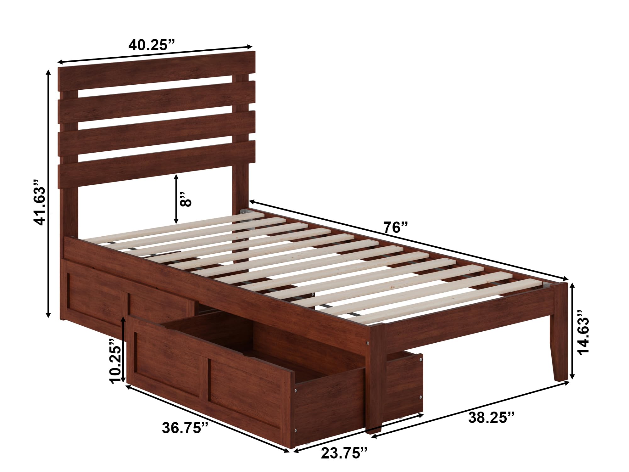 Atlantic Furniture Oxford Twin Bed with USB Turbo Charger & 2 Storage Drawers - Walnut Finish for Kids, Teens & Guest Rooms | Space-Saving Bedroom Solution