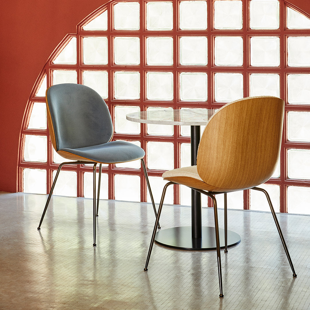 Modern Beetle Dining Chair with Front Upholstery & Conic Base - 3D Veneer Shell Design for Kitchen, Dining Room, or Office Space