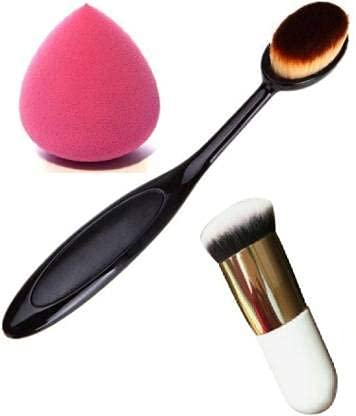 TWIREY Professional Oval Foundation Brush & Sponge Puff Set - 3 Pack for Flawless Makeup Application - Perfect for Liquid, Cream & Powder Foundations