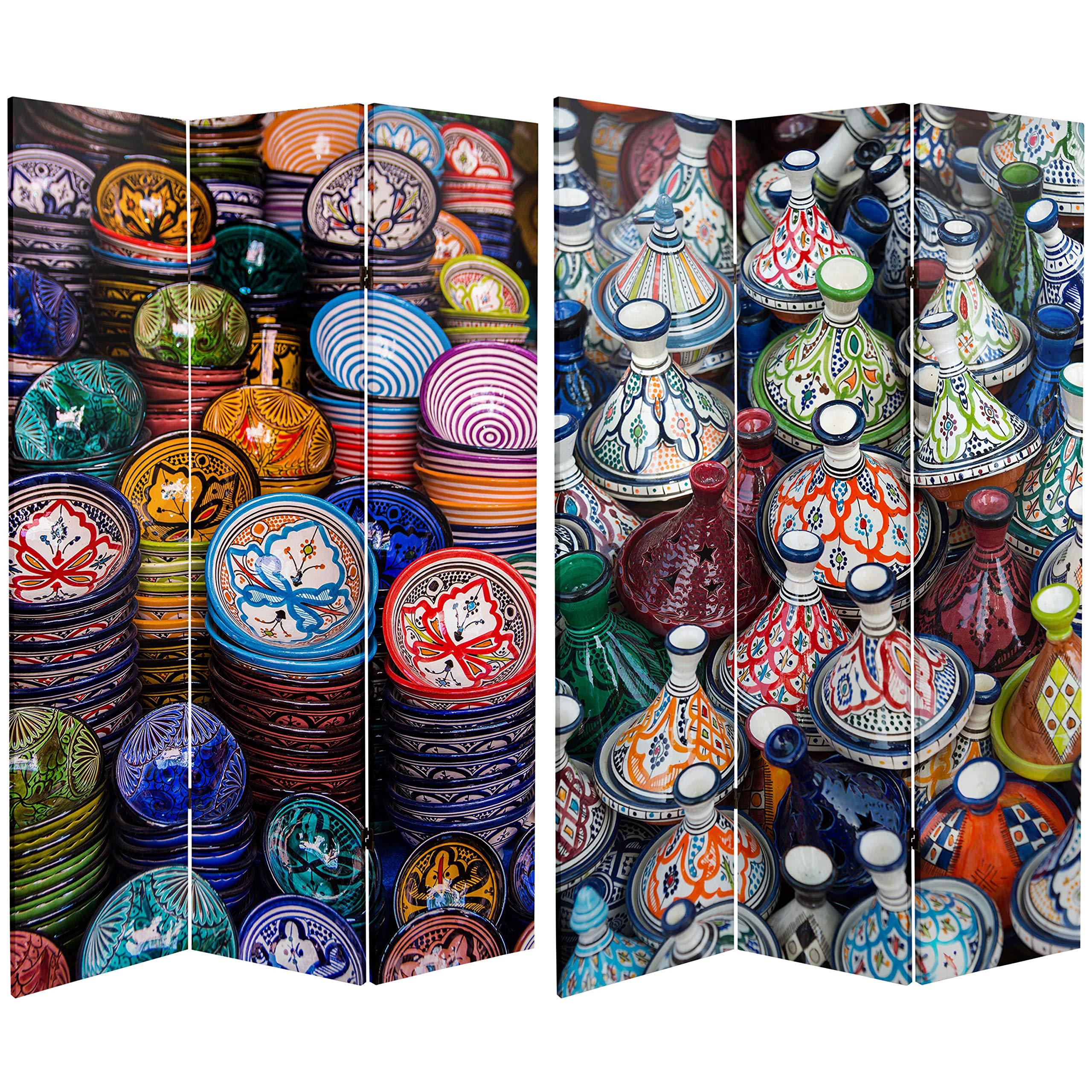 6 ft. Tall Double Sided Red Lantern Ceramic Bazaar Canvas Room Divider - Multicolor Asian Style Partition Screen for Home Decor, Living Room, Bedroom & Event Space