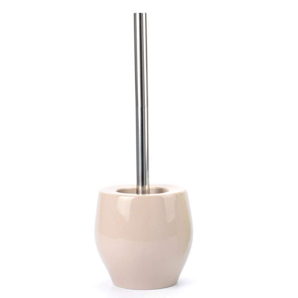 Modern Luxury Free-Standing Ceramic Toilet Brush and Holder with Long Silver Handle - 10 Inch Compact Bathroom Cleaning Tool (Beige) | Ideal for Home, Apartment, Hotel & Office Restroom Hygiene