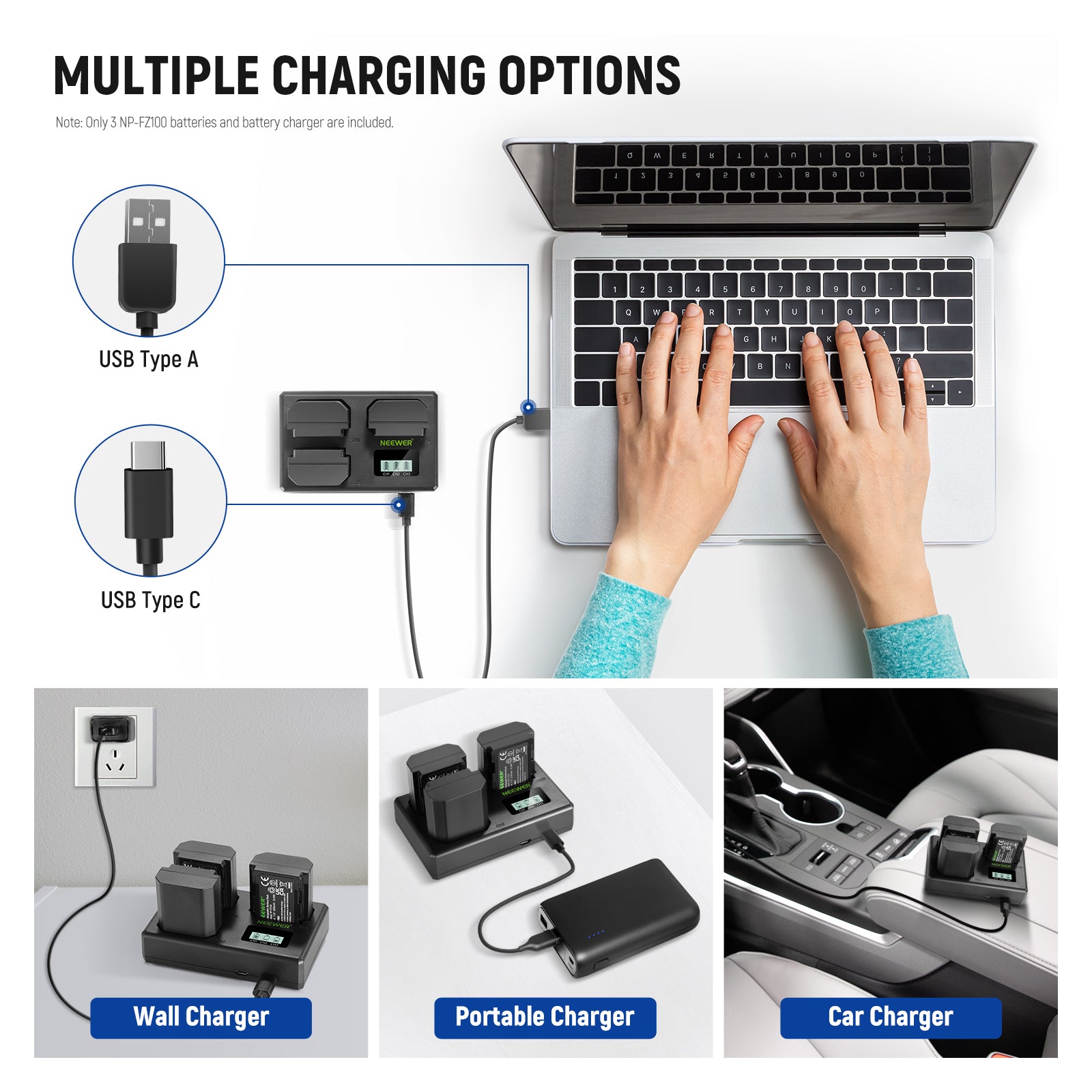 NEEWER 3-Pack NP-FZ100 Replacement Battery & Charger Set for Sony Mirrorless Cameras - Perfect for Travel, Vlogging, and Extended Photography Sessions