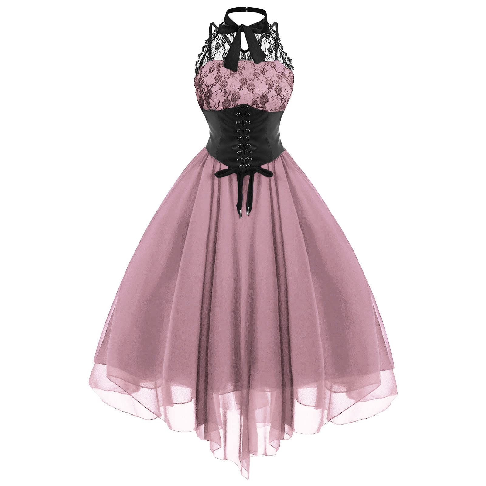 Gothic Lace Corset Dress for Women - Halter Neck Sleeveless Maxi Cocktail Dress with Belt | Punk Halloween Party, Cosplay, Gothic Fashion & Evening Events