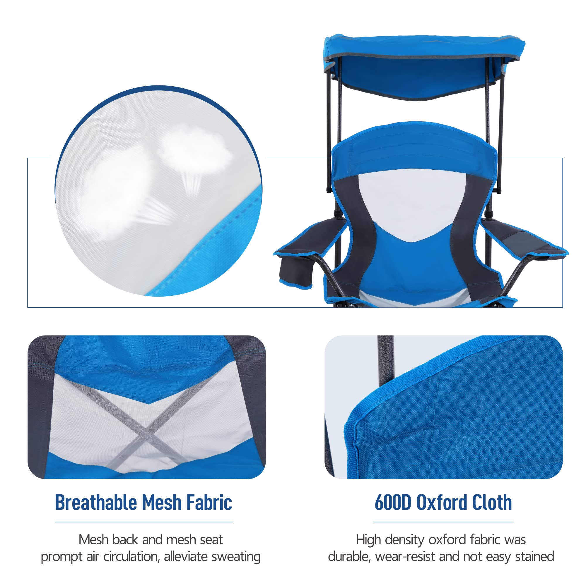 ALPHA CAMP Heavy Duty Folding Camping Chair with Shade Canopy - 300 LBS Capacity, Cup Holder & Carry Bag Included - Perfect for Outdoor Camping, Hiking, Beach Trips & Backyard BBQs - Royal Blue