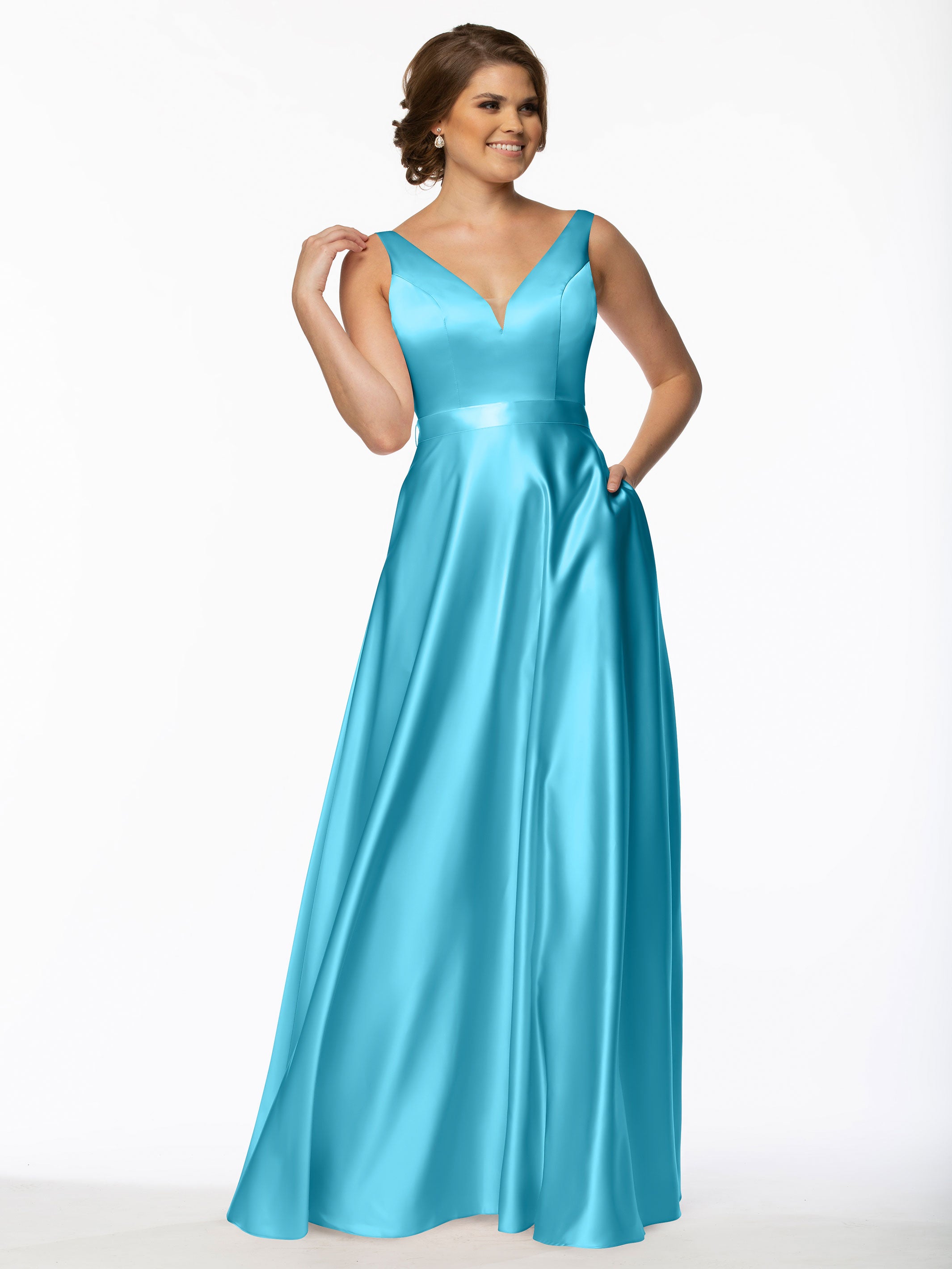 Elegant 80118 Satin A-Line Bridesmaid Dress with V-Neckline & Sash - Perfect for Weddings, Formal Events & Special Occasions