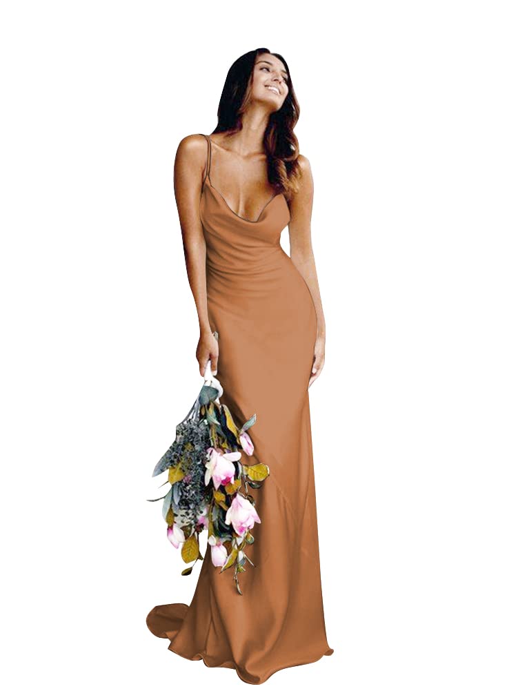 Elegant Spaghetti Strap Satin Wedding Dress - V-Neck Mermaid Bridesmaid & Prom Gown for Women in Burnt Orange (Size 14) | Perfect for Beach Weddings, Formal Events & Evening Parties