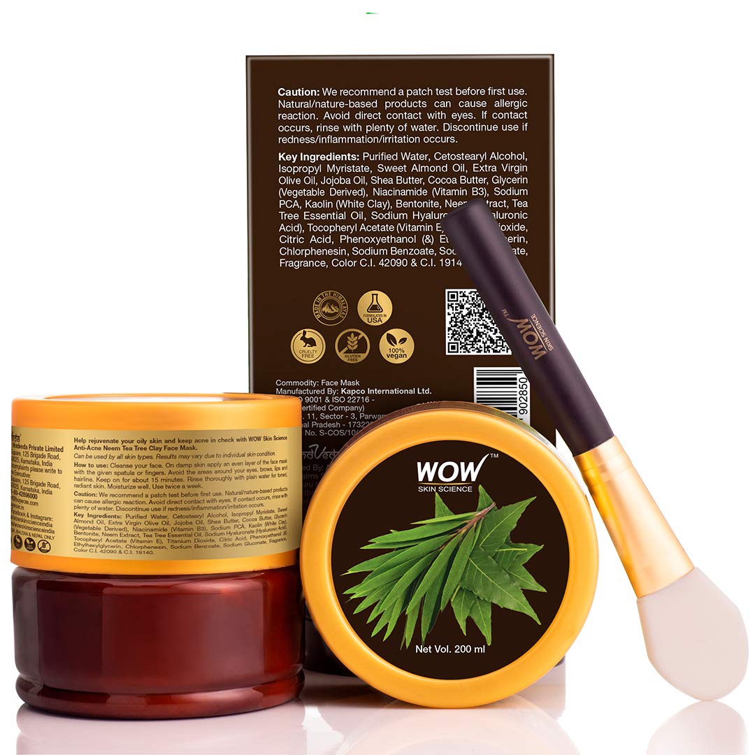 WOW Skin Science Anti-Acne Neem & Tea Tree Clay Face Mask for Oily & Acne-Prone Skin - Deep Cleansing & Pore Refining Facial Treatment - 200ml, Paraben & Sulfate Free - Perfect for Daily Skincare Routine & Breakout Control