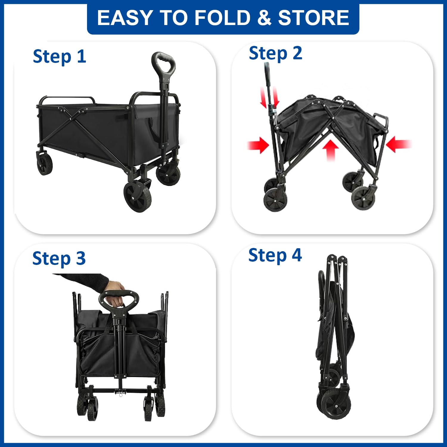 Heavy Duty Collapsible Wagon Cart - Foldable Portable Utility Cart with Large Capacity for Beach, Camping, Grocery Shopping, Fishing & Outdoor Activities | Perfect for Picnics, Sports Events & Garden Use (Black)