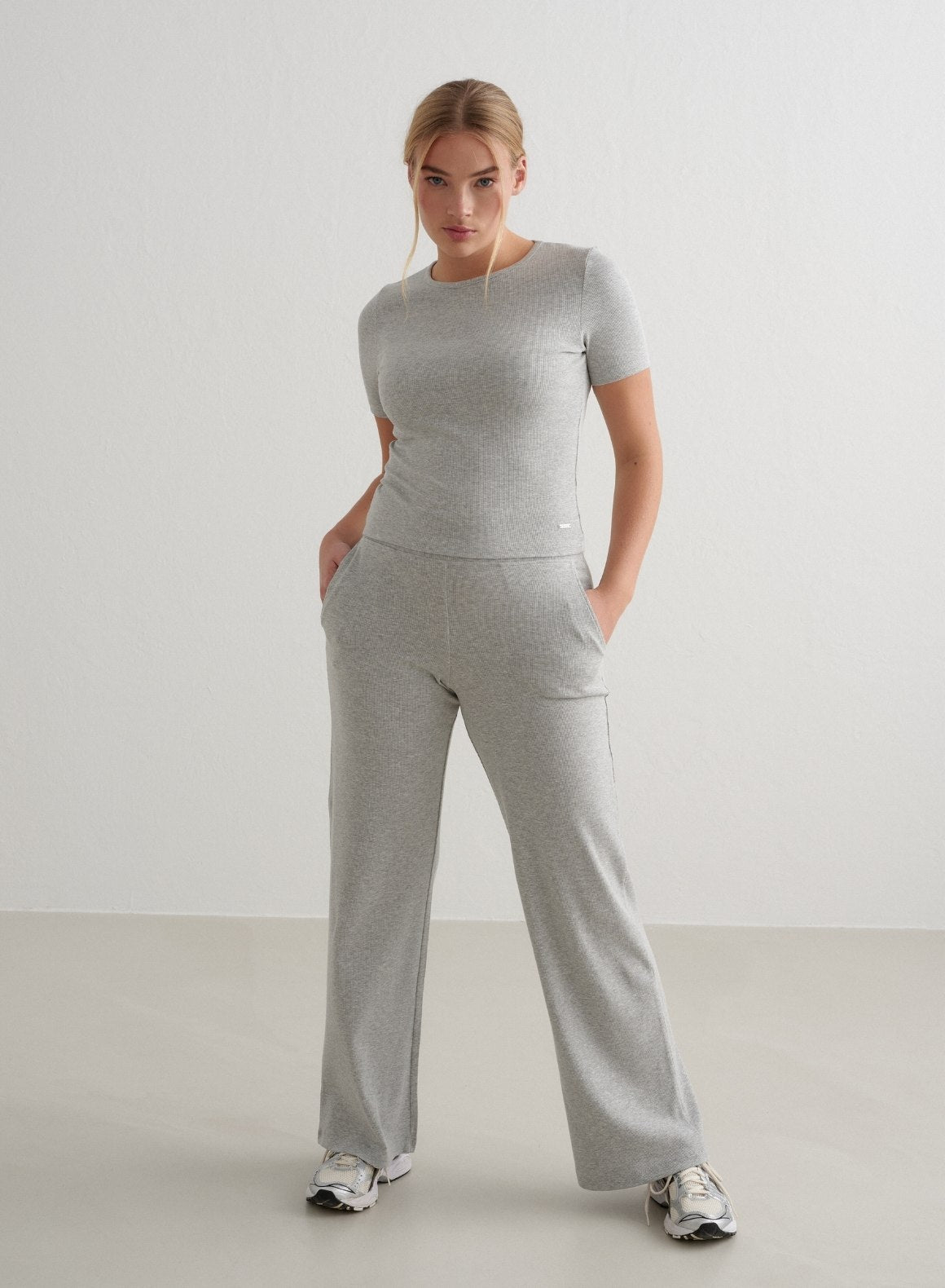 Grey Melange Ease Ribbed Short Sleeve T-Shirt for Women - Soft Cotton Casual Top for Everyday Wear, Lounge & Summer Outfits