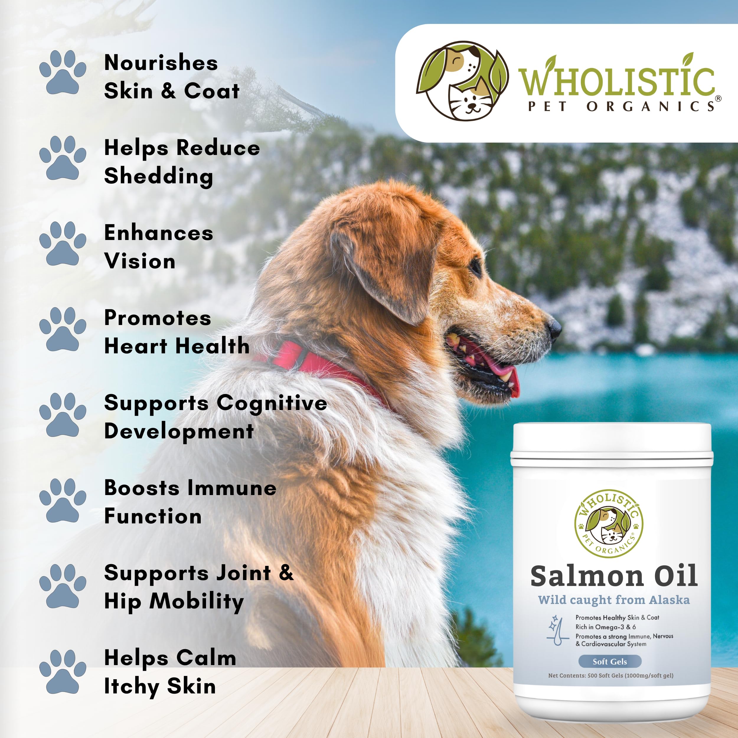 Wholistic Pet Organics Wild Alaskan Salmon Oil for Dogs - 500 Soft Gels - Omega 3 Fish Oil with EPA & DHA for Skin, Coat, Joint & Heart Health - Dog Skin & Coat Supplement - Perfect for Daily Wellness & Allergy Relief