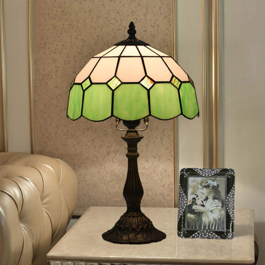 10 Inch Tiffany Style Table Lamp - Mediterranean Stained Glass Desk Lamp for Living Room & Bedroom - E27 Base, Max 40W - Green Decorative Bedside Lamp - Perfect for Home Office, Dorm, or Reading Nook