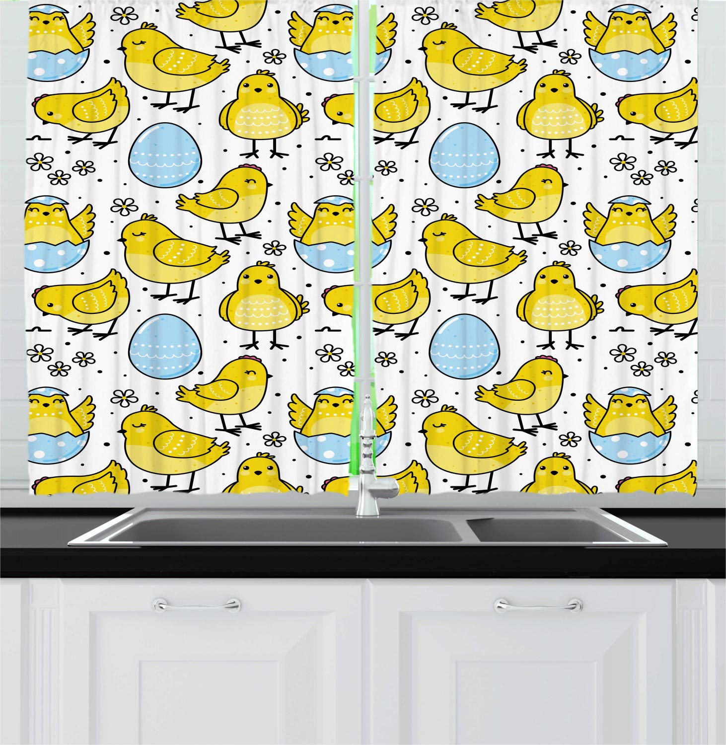 Ambesonne Farm Animal Kitchen Curtains - Baby Chick & Cracked Easter Egg with Daisy Motifs, Yellow Baby Blue White Window Drapes (2 Panels, 55