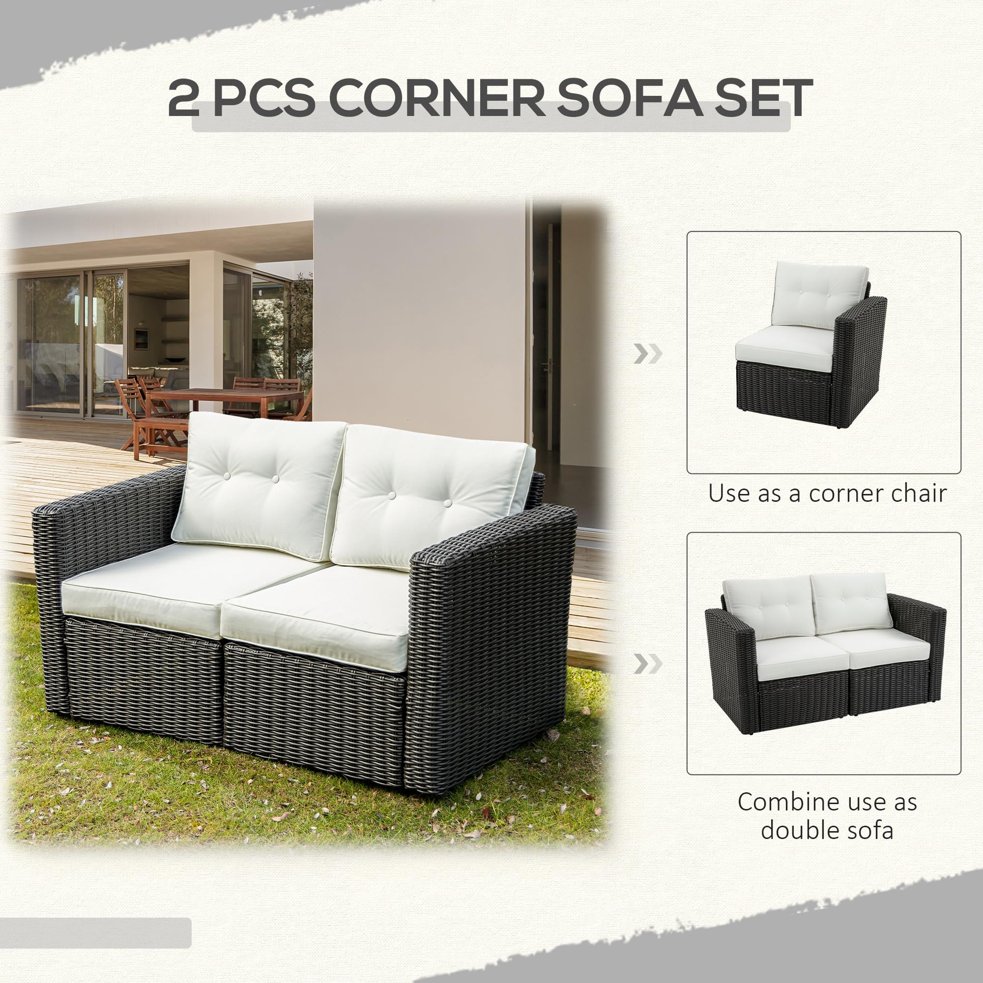 Outsunny 2-Piece Patio Wicker Corner Sofa Set, Outdoor PE Rattan Furniture with Curved Armrests & Thick Padded Cushions - Waterproof All-Weather Beige Sectional Sofa for Balcony, Garden, Lawn, Backyard, Poolside & Outdoor Lounge Areas