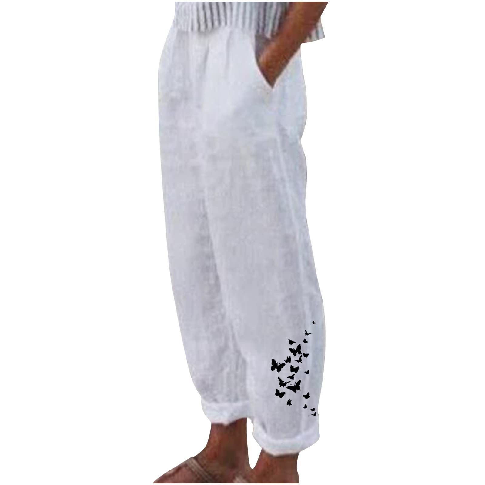 SHENGXINY Women's Summer Cargo Pants - Loose Fit Cotton Linen Printed Trousers with Pockets | Casual Long Pants for Outdoor, Travel & Streetwear Fashion