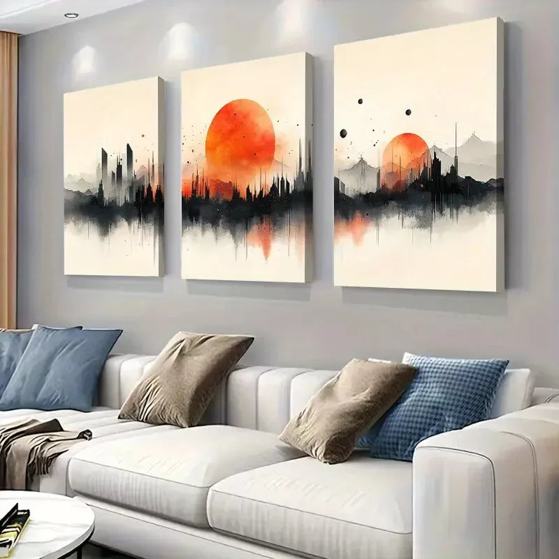 3-Piece Vibrant Orange Red Skyline Water Reflection Wall Art Set - Framed Canvas 50x70cm (20x28in) | High-Quality Print | 100% Australian Made | Ready to Hang | Perfect for Living Room, Bedroom & Office Decor