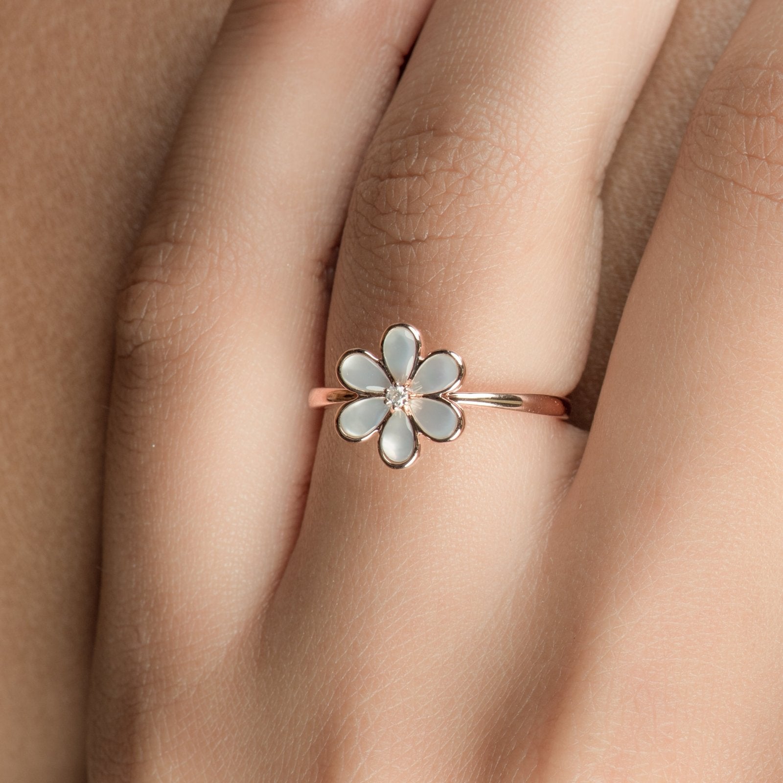 14k Rose Gold Mother of Pearl Flower Ring with Diamond Center - Elegant Jewelry for Weddings, Anniversaries & Special Occasions
