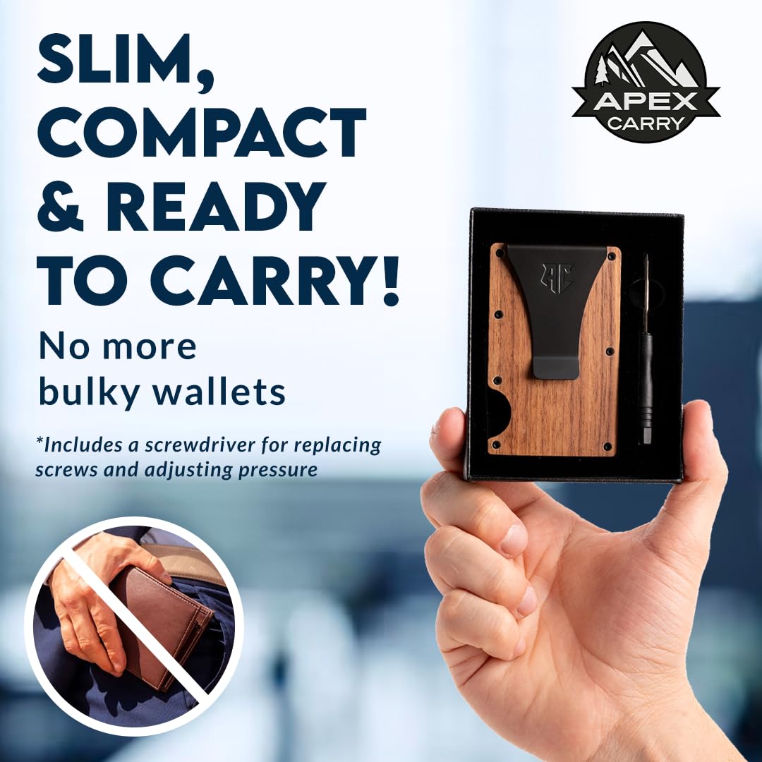 Slim RFID Blocking Minimalist Wallet for Men - Front Pocket Metal Credit Card Holder with Money Clip (Walnut) - Perfect for Travel, Business & Everyday Carry