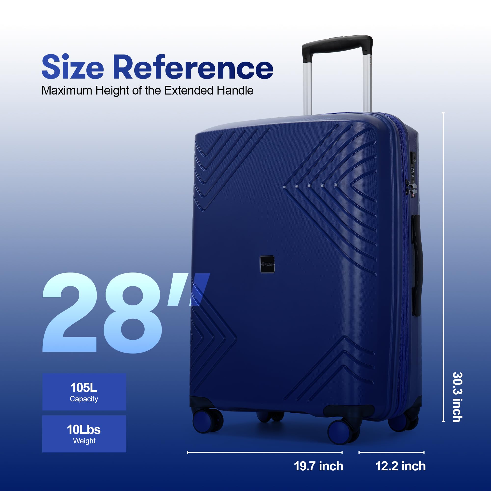 28 Inch Large Hard Shell Suitcase with Wheels & TSA Lock - Expandable Checked Luggage for Travel, Navy Blue - Perfect for International Flights & Long Vacations