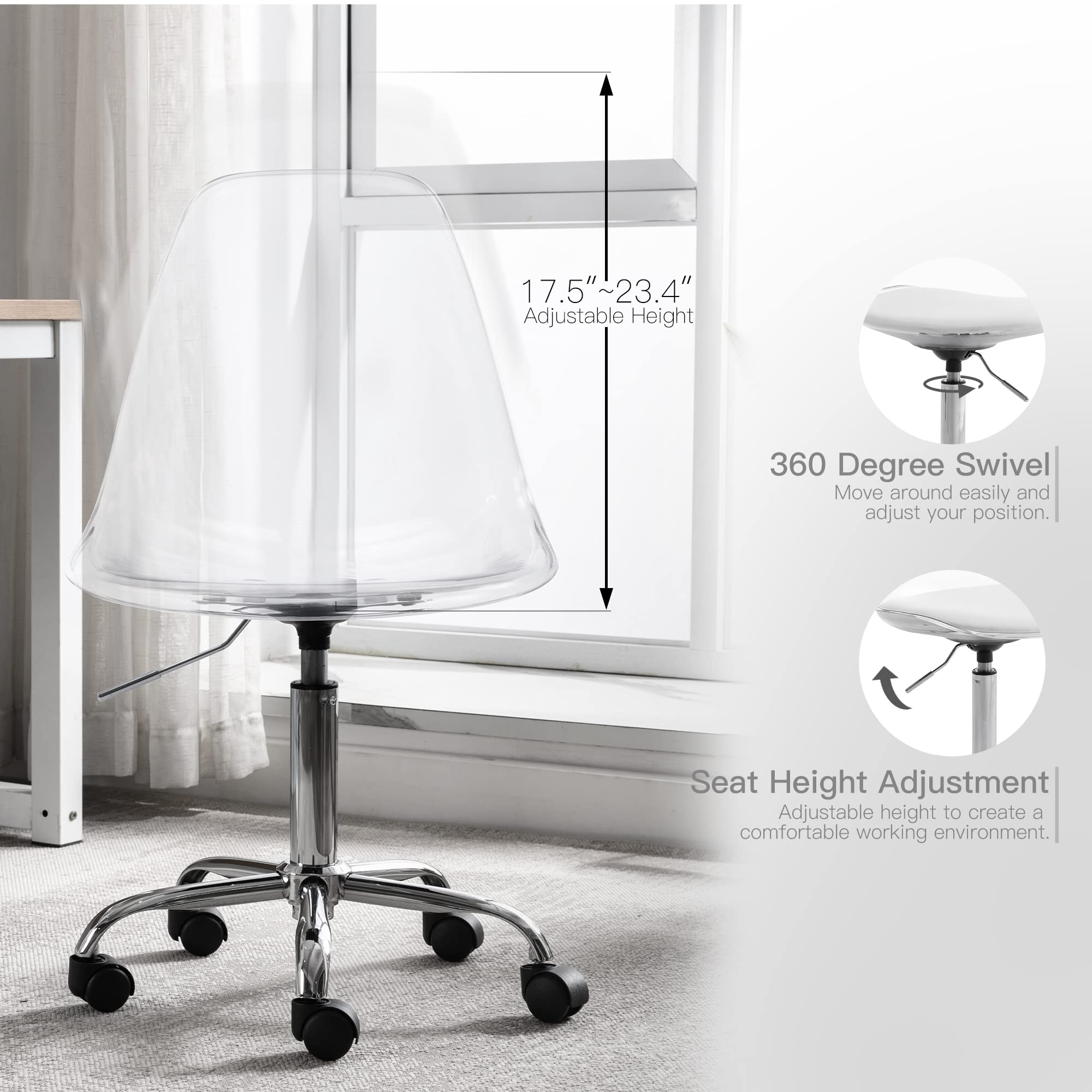 Modern Clear Acrylic Desk Chair - Adjustable Height Armless Rolling Office Chair for Home & Workspace - Small Cute Plastic Vanity Chair with Wheels - Perfect for Home Office, Study Room, Makeup Station & Modern Decor
