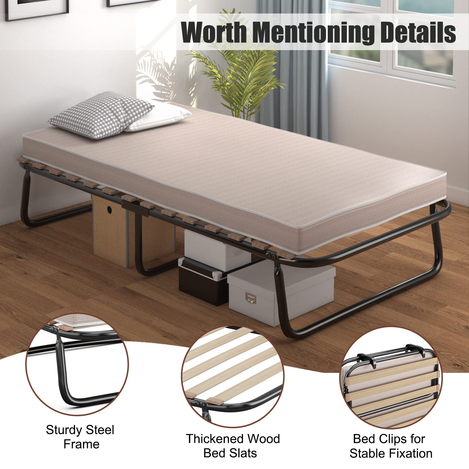 GOFLAME Folding Bed Cot - Full Size Rollaway Guest Bed with Memory Foam Mattress & Sturdy Metal Frame for Adults | Portable Sleeping Solution for Home, Office & Travel | Made in Italy | Perfect for Spare Rooms, Camping & Emergency Guests