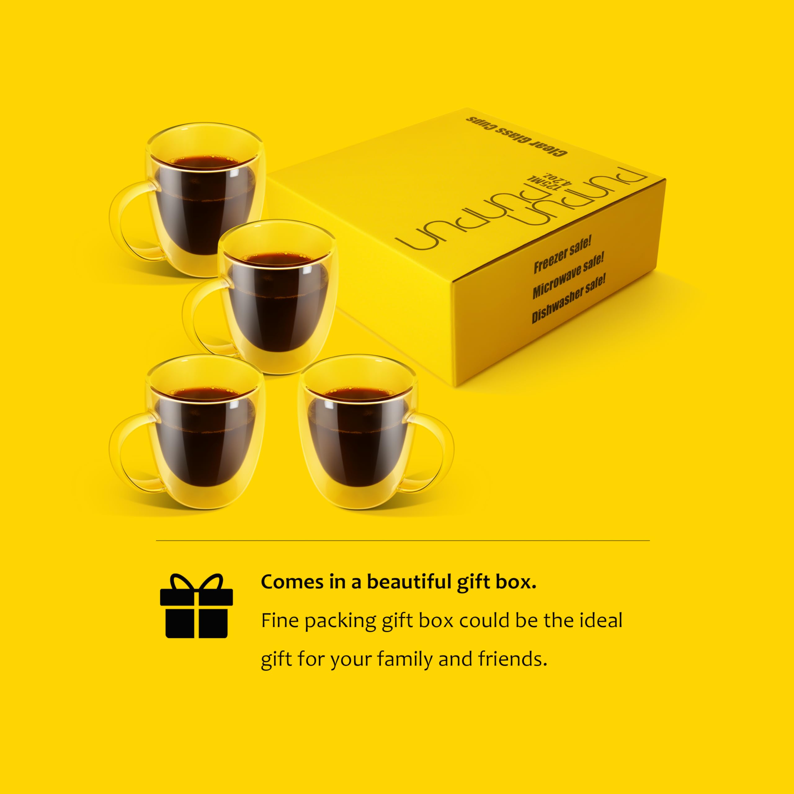 Premium 12.9oz (380ml) Clear Double Wall Glass Coffee Mugs - Set of 4, Large Handle for Hot & Iced Drinks - Perfect for Latte, Espresso, Tea - Ideal for Home, Office & Cafe Use