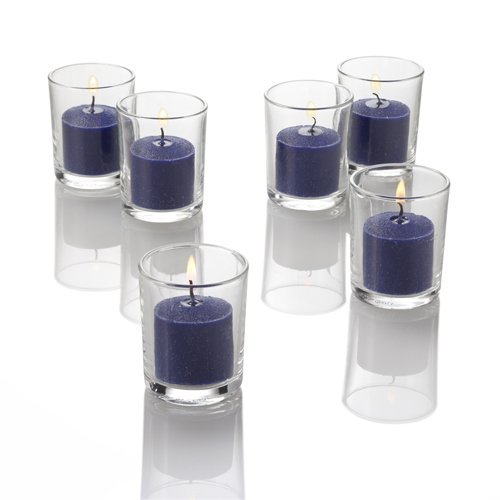 144-Piece Richland Navy Blue Unscented Votive Candles with 144 Clear Glass Eastland Votive Holders Set - Perfect for Weddings, Restaurants, Spa Decor and Romantic Ambiance Lighting
