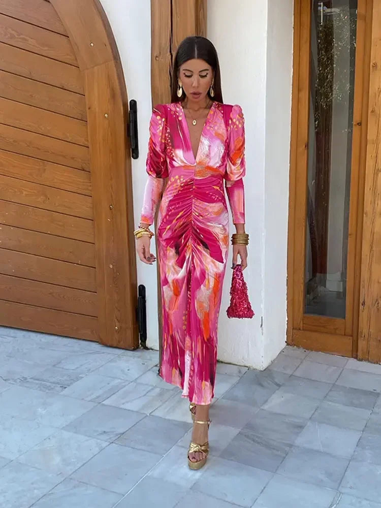 Vintage Tye Dye Print Pleated Bodycon Maxi Dress for Women - Long Sleeve V-Neck A-Line Party Dress - Perfect for Holiday Celebrations, Festivals, and Evening Events