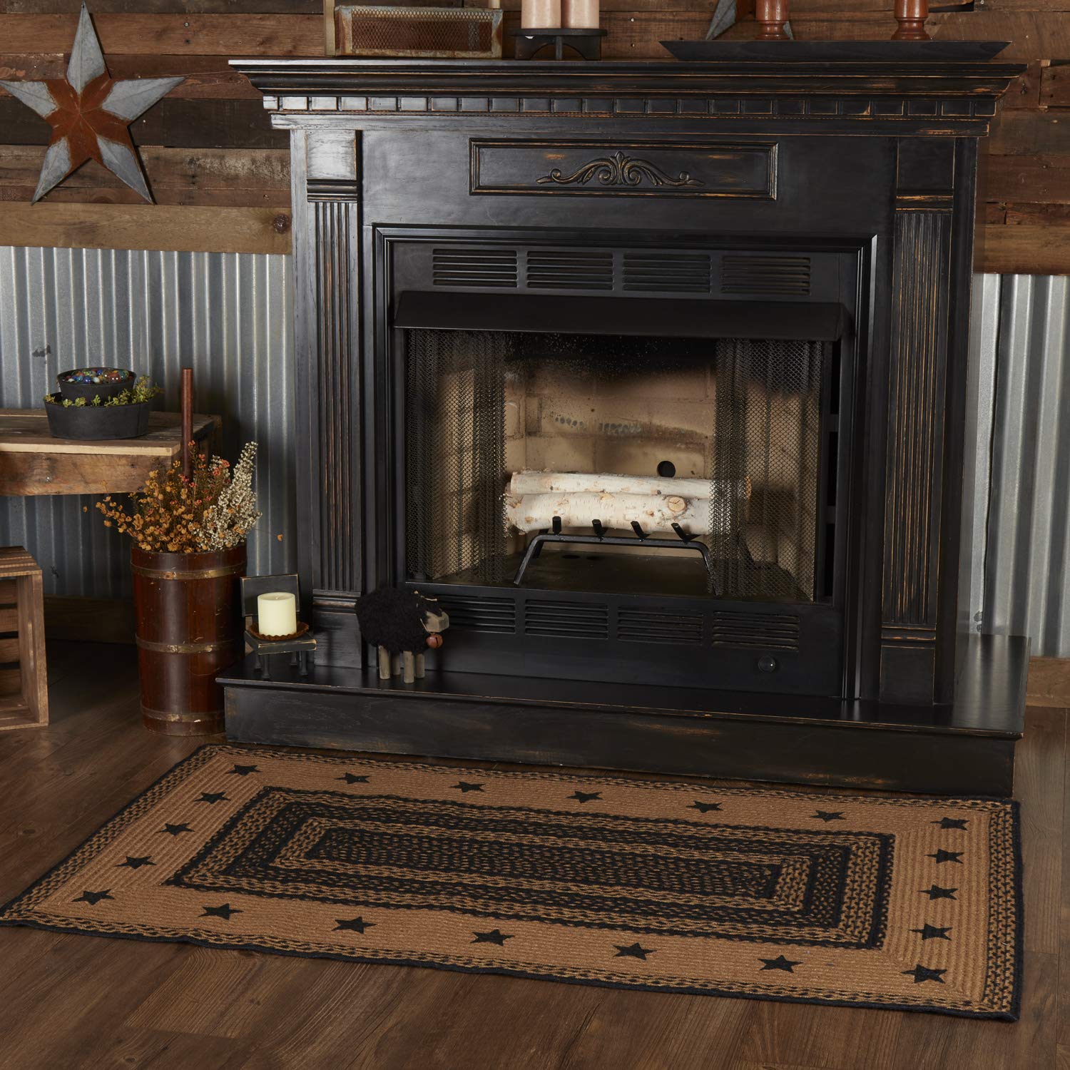 VHC Brands Farmhouse Jute Rectangular Rug 36x60 Inch with Stencil Stars Border & Non-Slip Pad - Black - Perfect for Living Room, Bedroom, and Home Decor