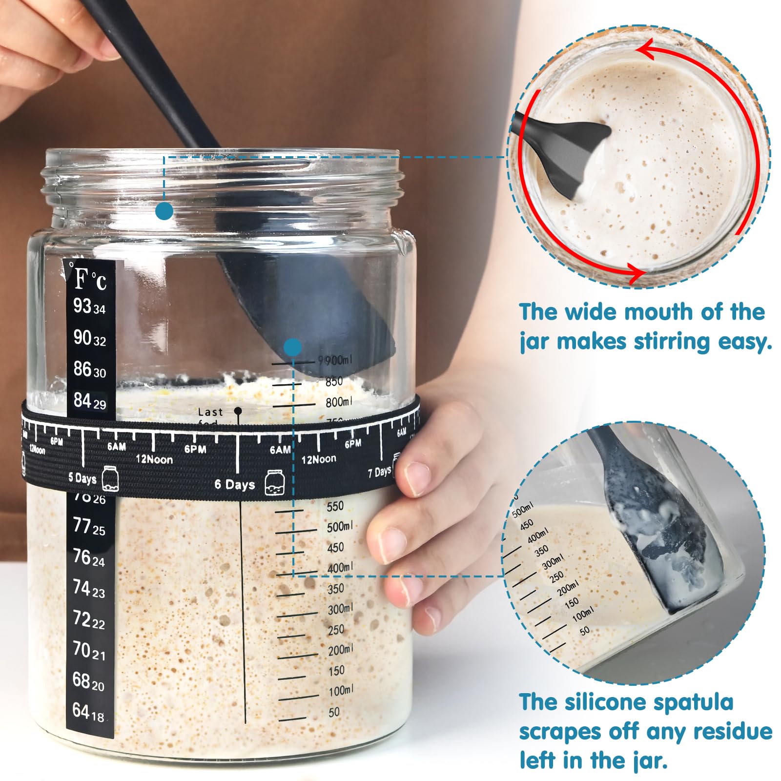Organic Sourdough Starter Kit - 41oz Large Glass Jar with Feeding Tracker, Thermometer & Baking Tools for Homemade Bread | Perfect for Artisan Sourdough, Pizza Dough & Pastry Making at Home