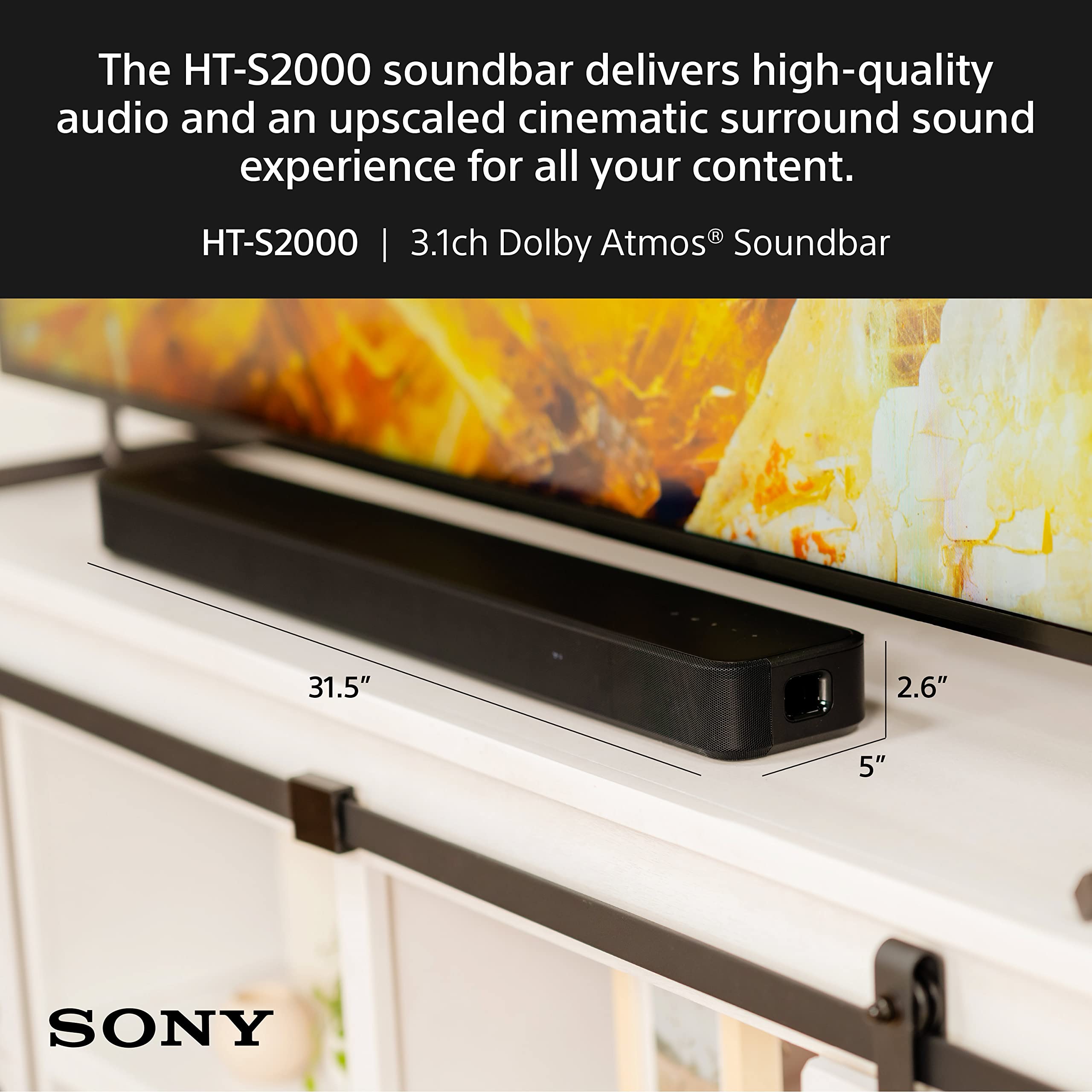 Sony HT-S2000 Compact 3.1 Channel Dolby Atmos Sound Bar with Wireless Subwoofer - Premium Home Theater Audio for Movies, Music & Gaming