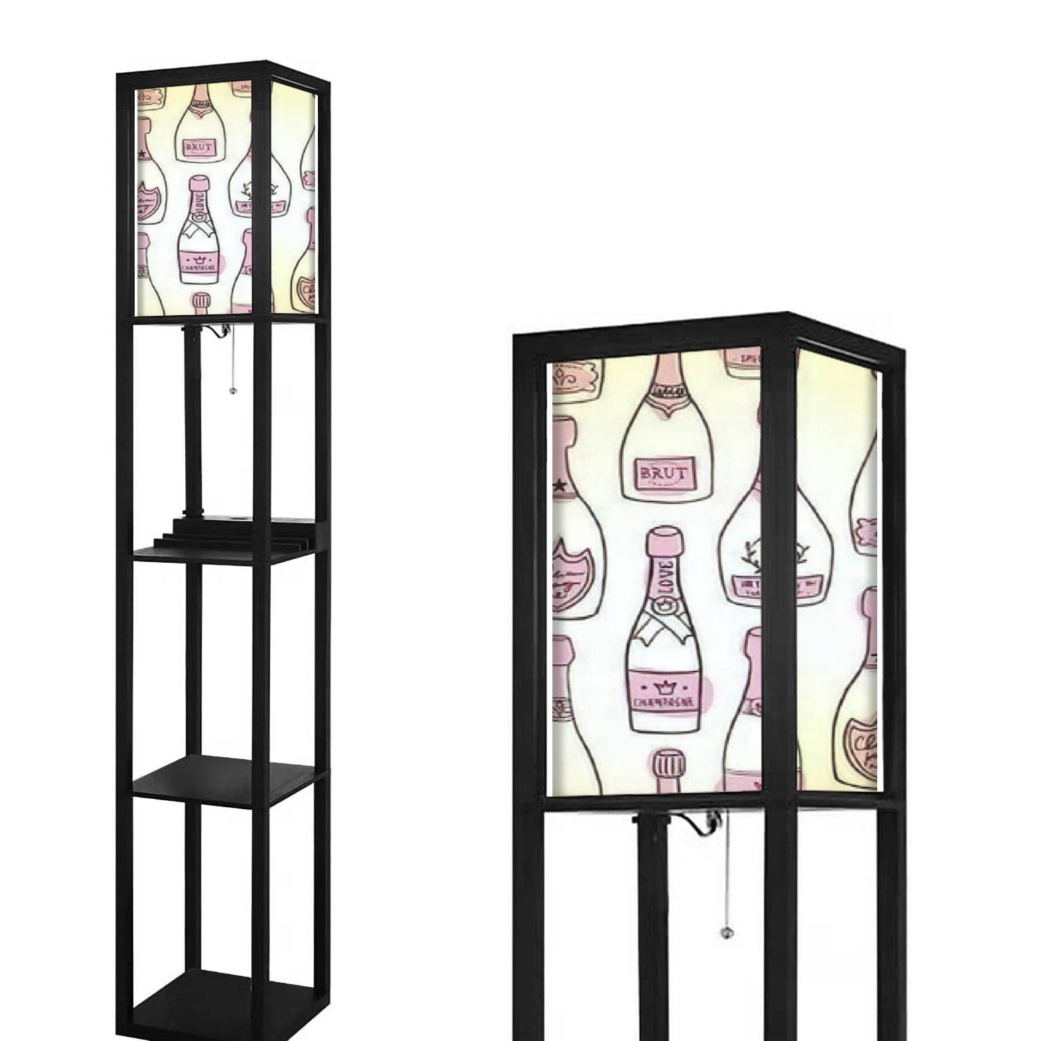 Modern Floor Lamp with Shelves & USB Ports - Hand Drawn Champagne Bottle Design, Linen Fabric Shade, Tall Corner Standing Lamp with Power Outlet for Living Room & Bedroom | Perfect for Reading Nook, Home Office, and Cozy Nighttime Ambience