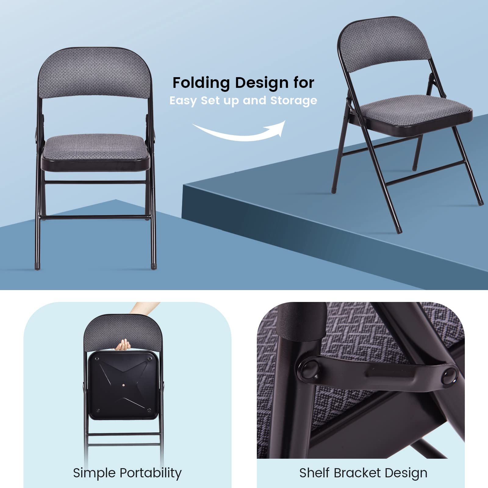 ARLIME 4-Pack Folding Chairs with Padded Seat & Back - Portable Metal Frame Chairs for Home, Office, Camping, Picnics & Outdoor Events - Set of 4 Comfortable Upholstered Chairs