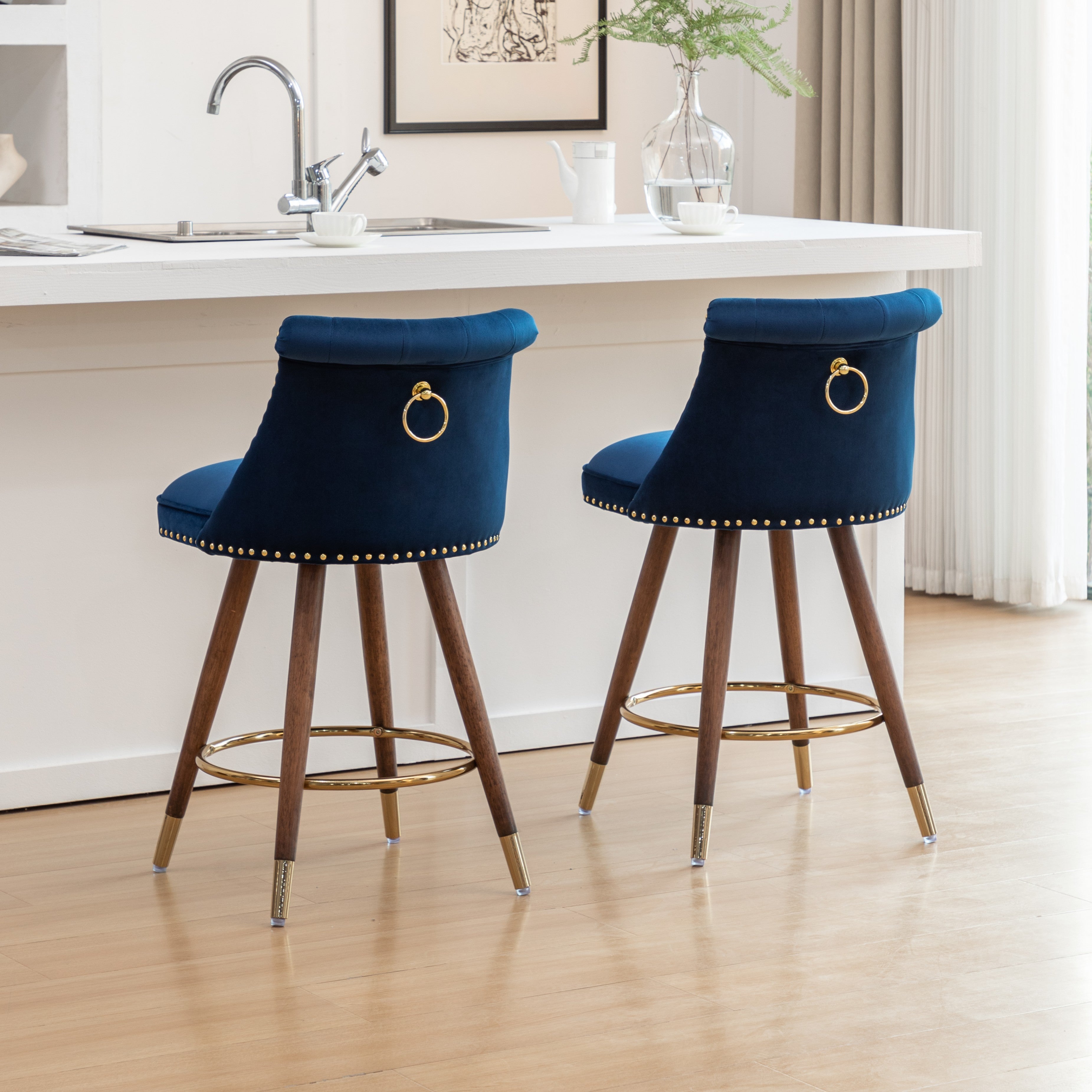 Roundhill Furniture Elvara Set of 2 Button Tufted Counter Stools with Nailhead Trim - Modern Kitchen Bar Stools for Breakfast Nook, Kitchen Island & Home Decor
