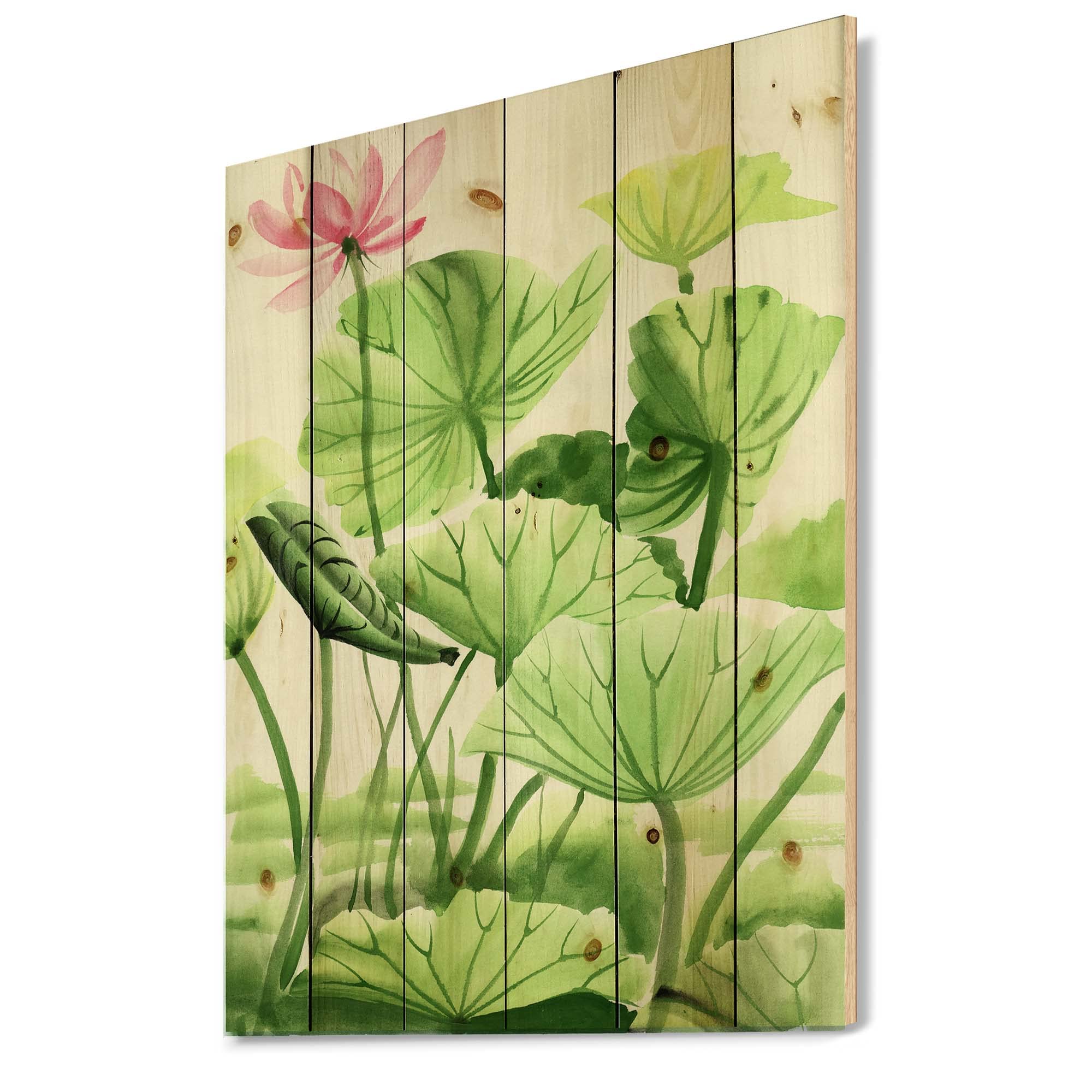 Vintage Lotus Leaves Wood Wall Art - Traditional Floral Decor Printed on Natural Pine Wood - Large Wooden Wall Panels for Living Room, Bedroom & Office Decor