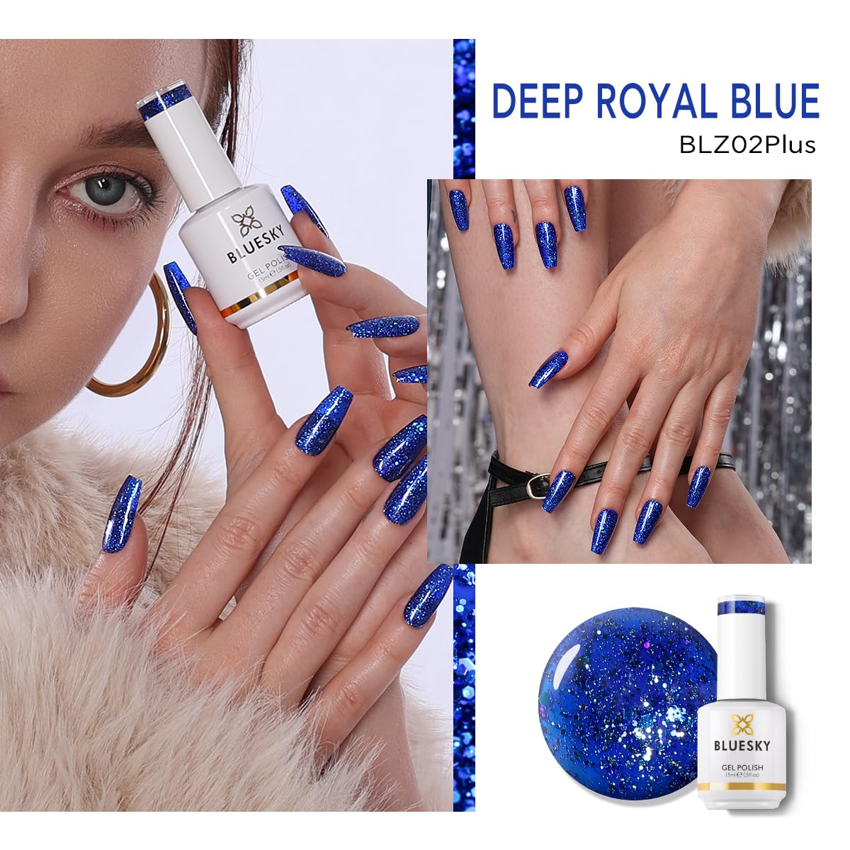BLUESKY Blue Reflective Glitter Gel Nail Polish - Shimmer Sparkly Soak Off UV/LED Gel Polish (15ml, Deep Royal Blue) | Long Lasting Vegan Nail Art Kit | Perfect for Manicures, Nail Salons & Gift for Women