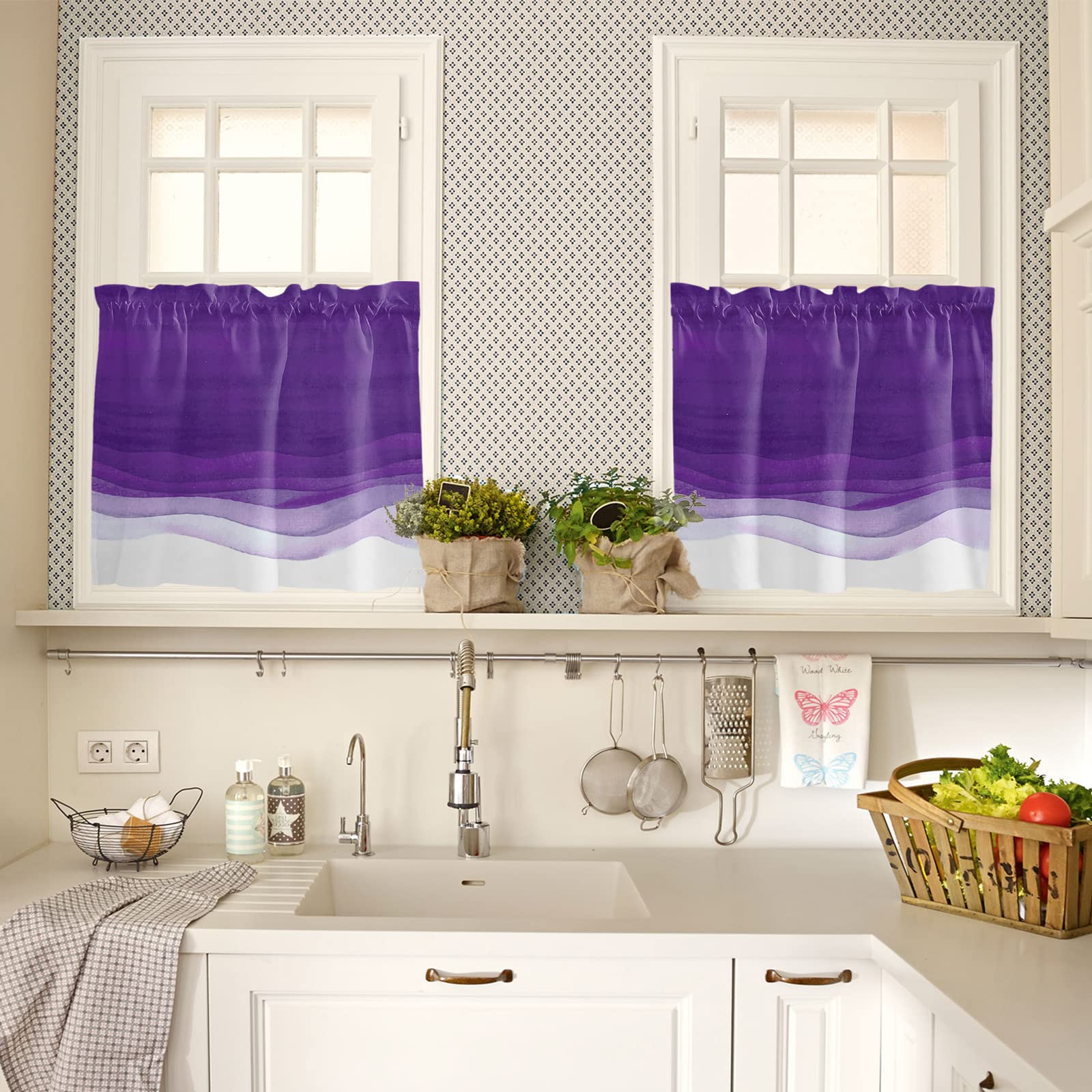 Purple Ombre Water Ripple Tier Curtains 27.5 x 24 Inches - Long Wide Pocket Kitchen & Bedroom Window Treatments - French Door & Patio Door Curtain Panels for Home Decor | Perfect for Living Room, Dining Area & Half Windows