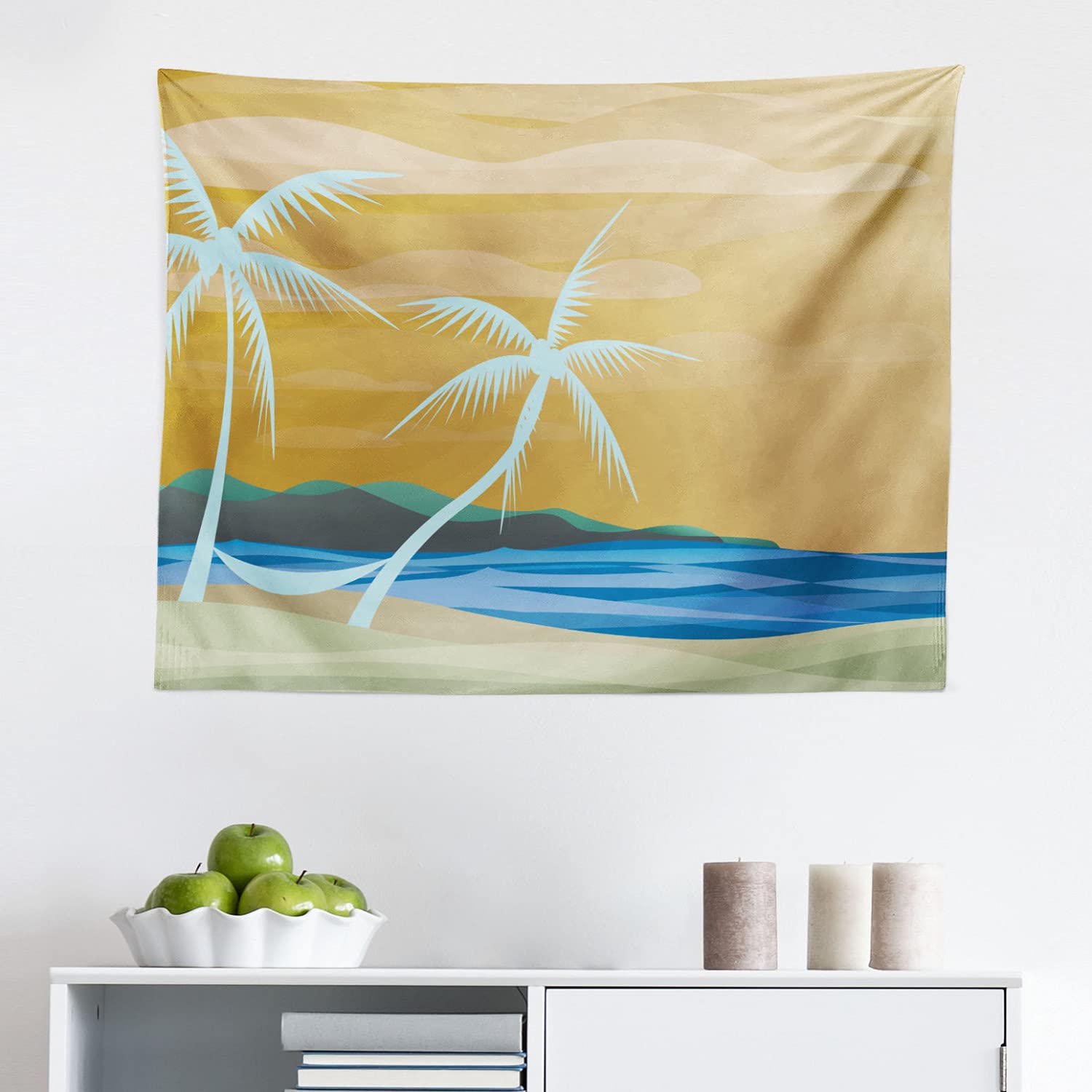 Ambesonne Tropical Beach Tapestry - Hammock Illustration with Ocean Print in Navy & Cream - 28x23 Inch Fabric Wall Art for Bedroom, Living Room, Dorm Decor - Perfect for Boho Home Styling & Vacation Vibes