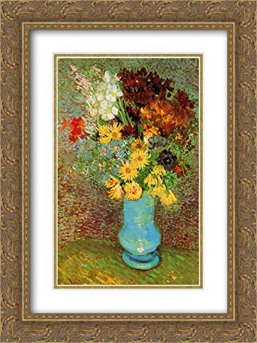 Vincent van Gogh Floral Art Print - 18x24 Inch Vase with Daisies and Anemones in Gold Ornate Frame with Double Matting | Museum-Quality Wall Decor for Living Room, Bedroom & Office