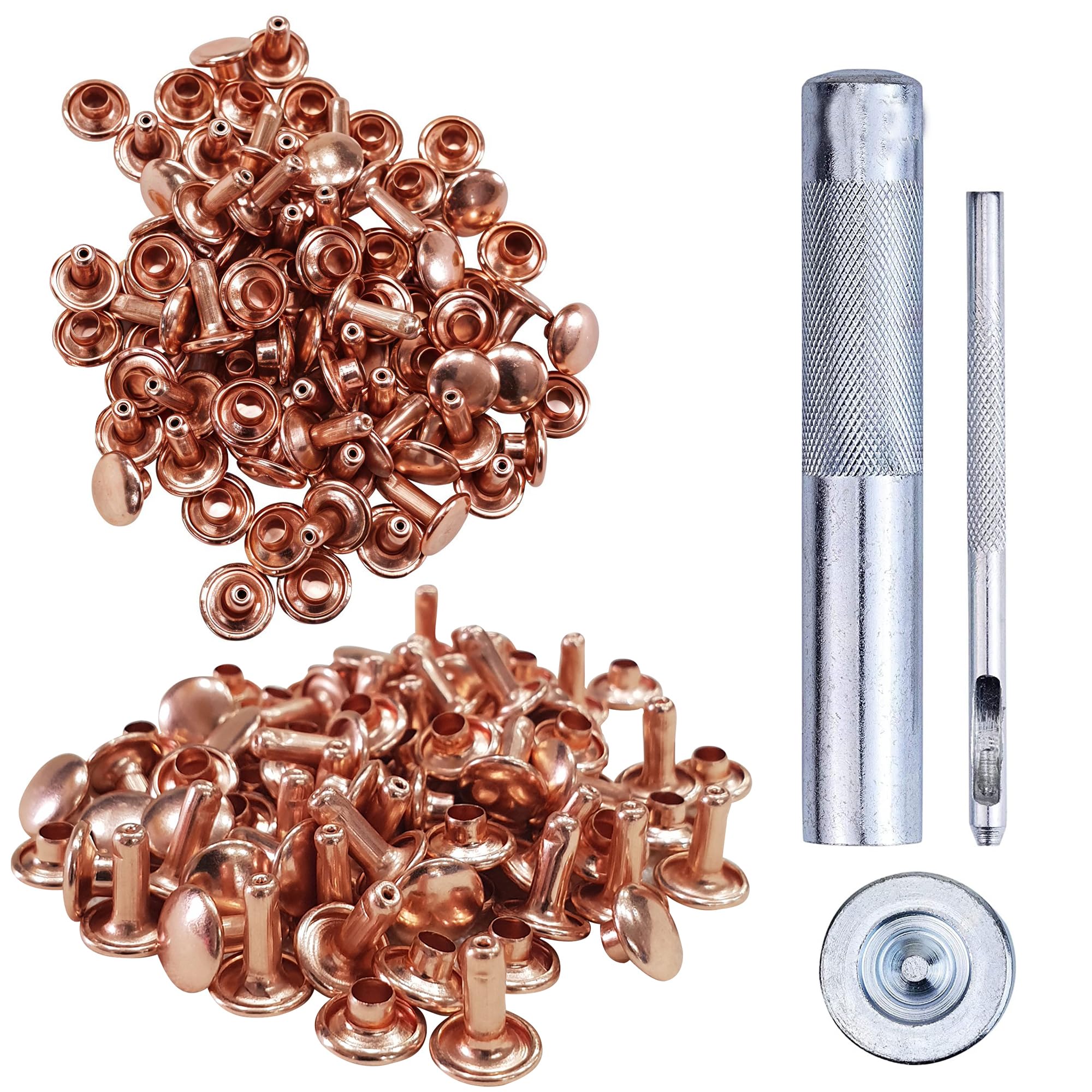 100-Piece Leather Rivet Kit with Fixing Tools - Double Cap Tubular Metal Studs for Leathercraft, Clothing & Bag Repair (Rose Gold, 7mm) - DIY Handbag, Jacket & Shoe Making Supplies