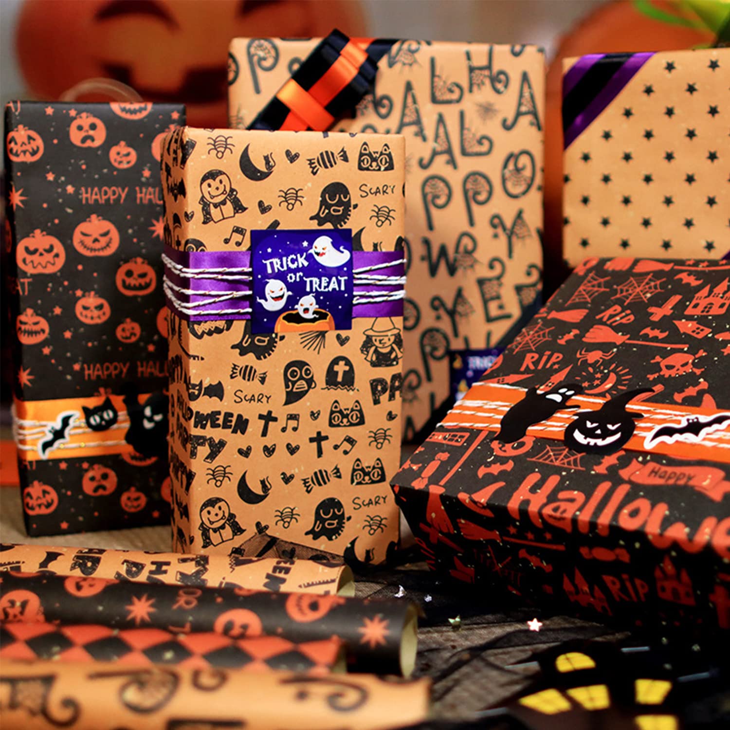 Halloween Wrapping Paper Set - 6 Sheets with Spooky Patterns for Gift Wrapping, Halloween Party Decorations, Birthday Presents & Holiday Crafts | Perfect for DIY Projects, Party Favors & Seasonal Gift Packaging