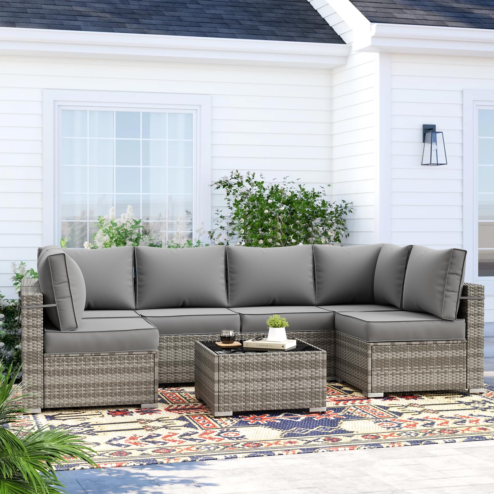 7-Piece Outdoor Patio Furniture Set with Waterproof Cover - All-Weather Wicker Sectional Sofa Conversation Set for Backyard, Garden or Poolside (Grey with Grey Cushions) - Perfect for Outdoor Entertaining, Relaxing and Family Gatherings