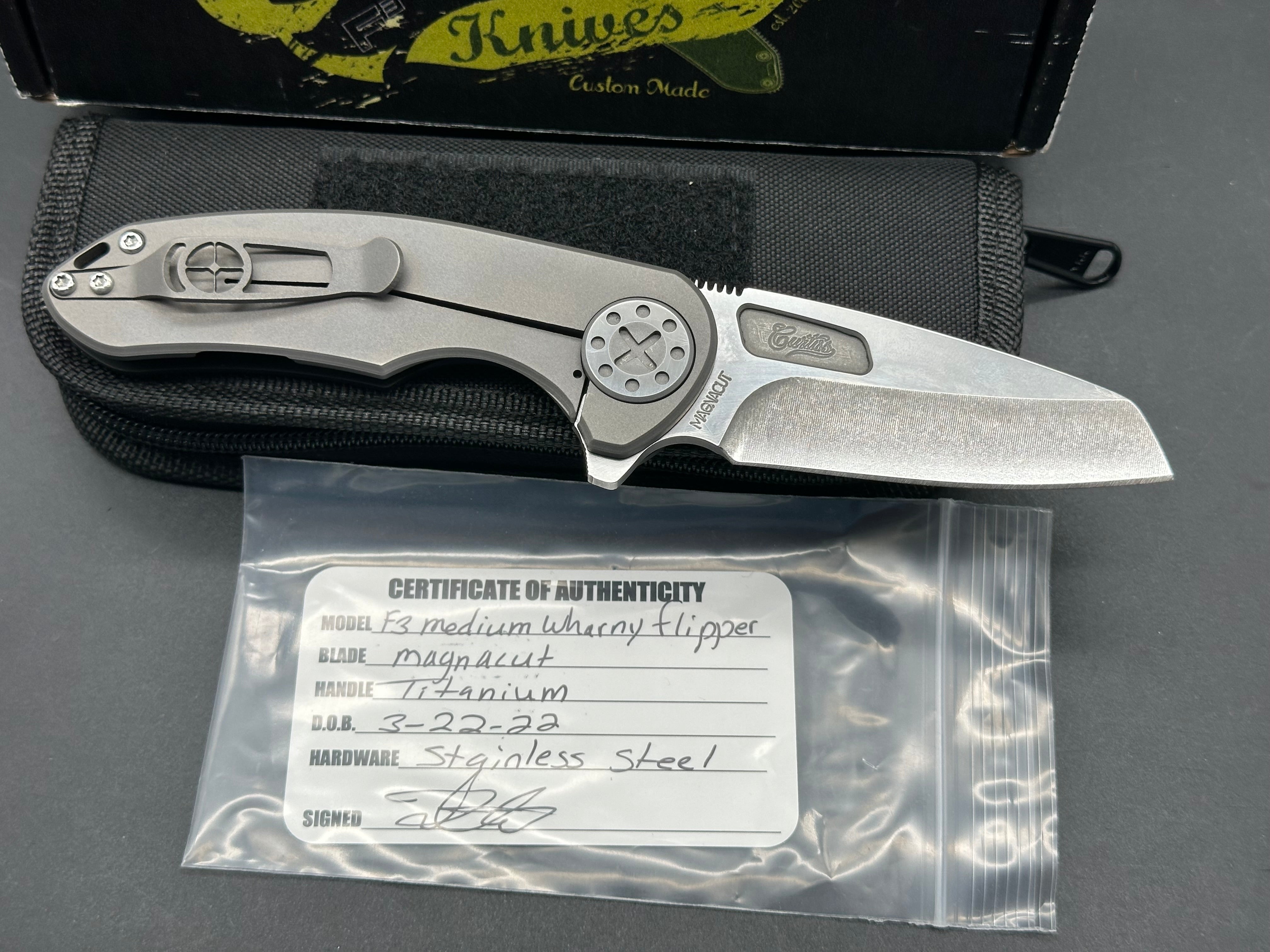 Curtiss Custom Knives F3 Medium Wharncliffe Flipper Knife - Titanium Frame, Stonewash Finish, Magnacut Blade | EDC, Outdoor Survival, Tactical Gear, Hunting & Camping Accessories