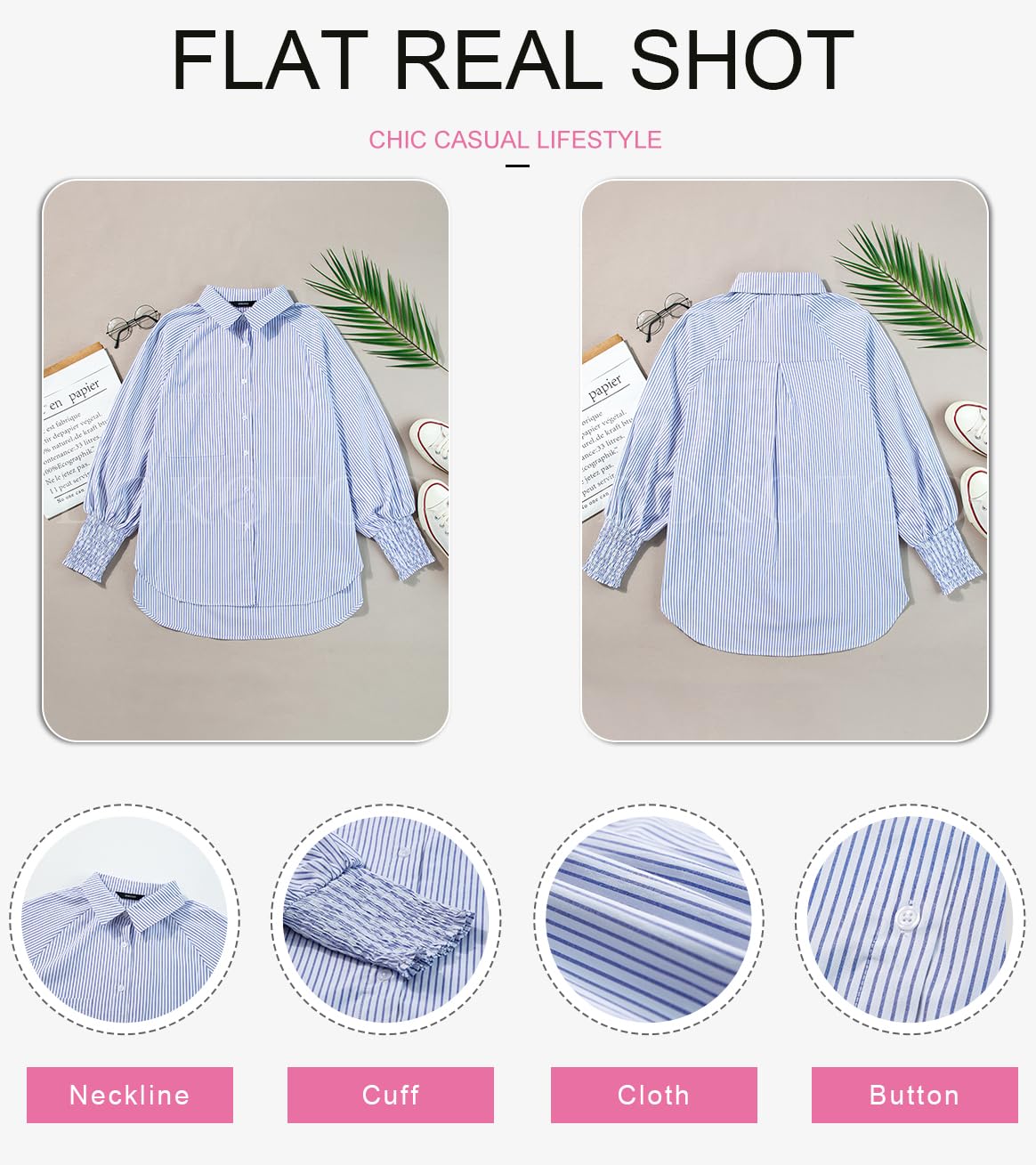 Dokotoo Women's V-Neck Striped Button Down Shirt - Long Sleeve Tunic Top for Work, Office & Casual Outfits | Comfortable & Stylish Blouse for Everyday Wear