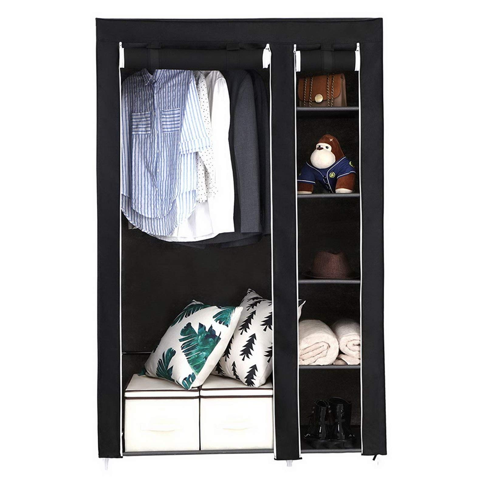 Kcelarec Fabric Wardrobe Closet - Portable Clothes Storage Organizer with Hanging Rail & Shelves, Foldable Fabric Cover for Bedroom, Cloakroom, Dorm Room (Style 4-Black) | Space-Saving Closet Solution for Small Apartments & College Dorms