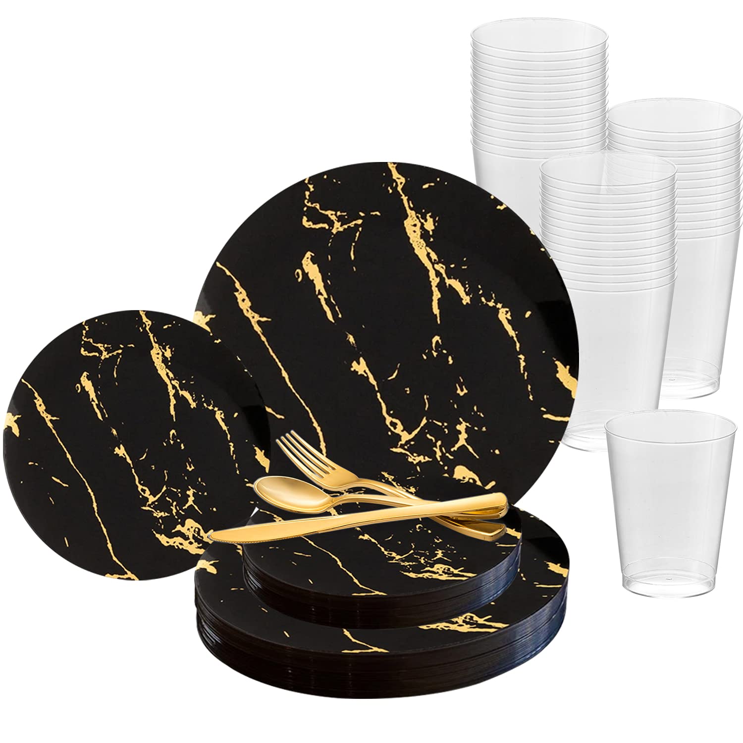 Elegant Black Plastic Plates with Gold Marble Design - 720-Piece Disposable Dinnerware Set for Weddings, Parties & Events (Includes Dinner Plates, Salad Plates, Spoons, Forks, Knives & Cups - Serves 120 Guests) - Perfect for Elegant Celebrations, Catering & Special Occasions