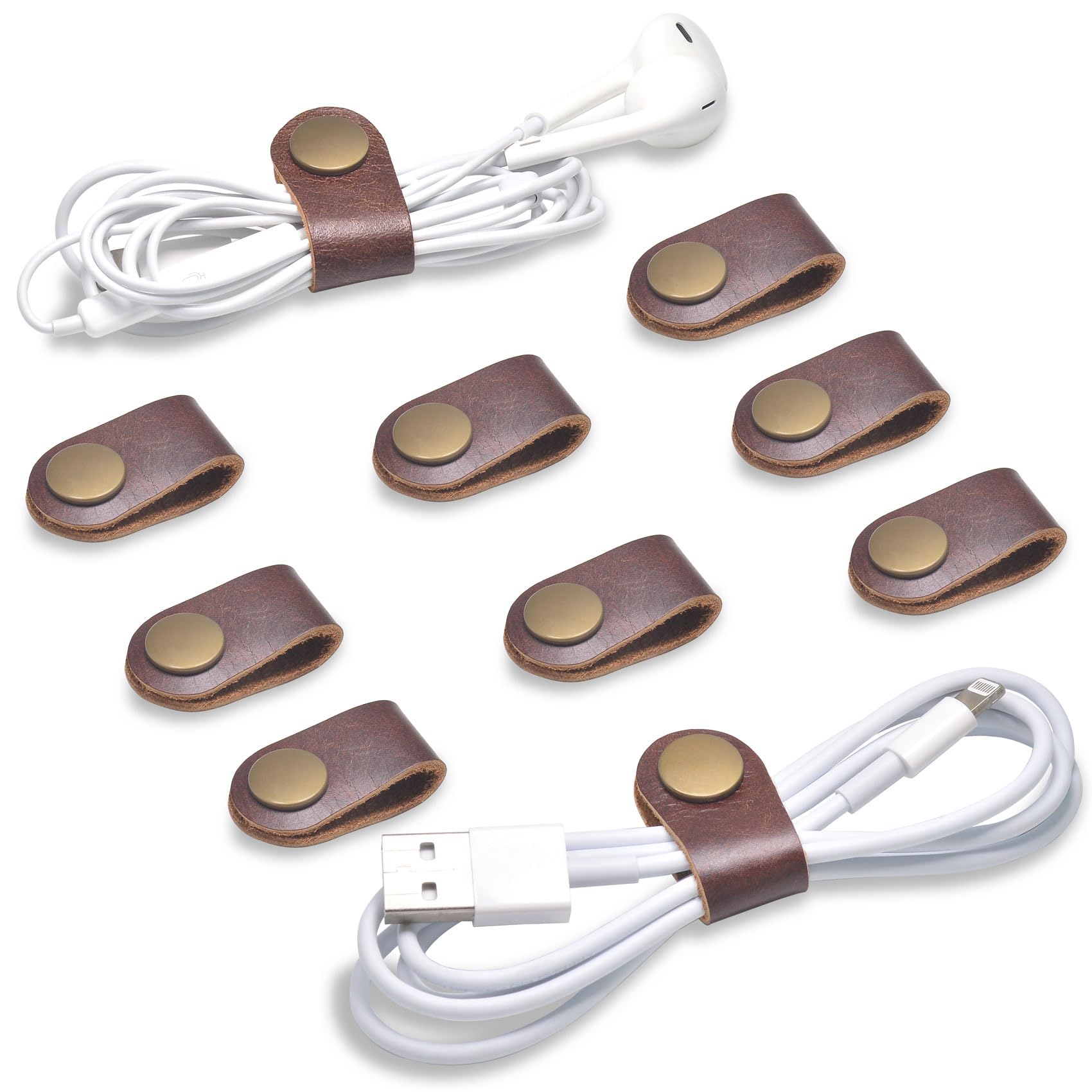 CAILLU 10-Pack Brown Cable Organizer - USB Cord Holder, Earphone Winder, Cable Management Straps for Phone, Earbuds, Headphones - Perfect Stocking Stuffer Gift for Men & Office/Home Organization