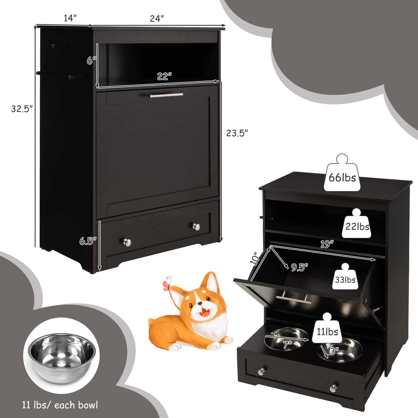 PETSITE Large Pet Feeder Station - Dog Food Storage Cabinet with Stainless Steel Double Pull-Out Raised Bowls for Feeding & Watering Supplies, Pet Toy Organizer (Brown) - Perfect for Kitchen, Laundry Room or Garage Pet Feeding Station