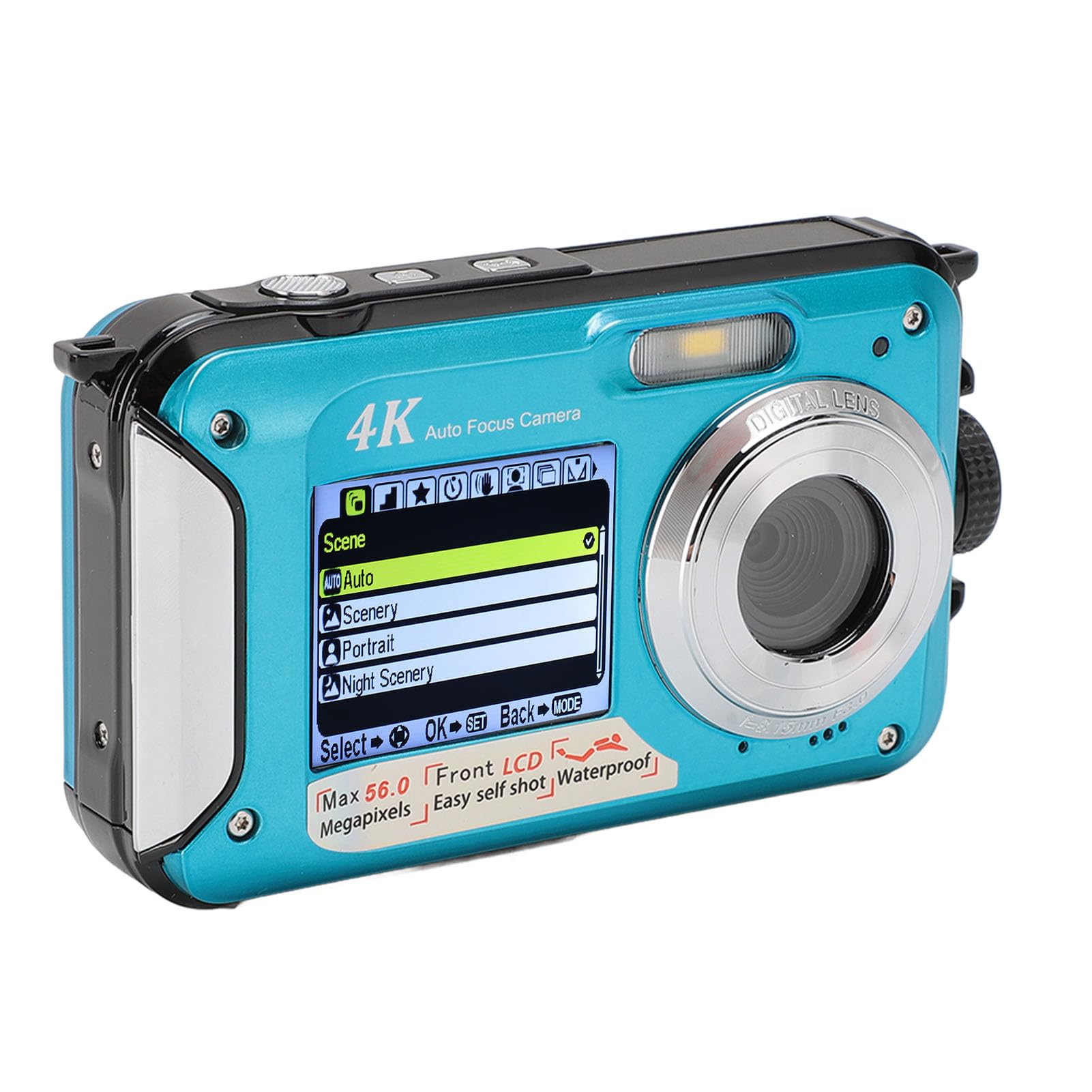 4K 56MP Waterproof Underwater Camera with Dual Screen - 10ft Depth Rating, Continuous Recording While Charging - Perfect for Snorkeling, Diving & Beach Adventures (Blue)