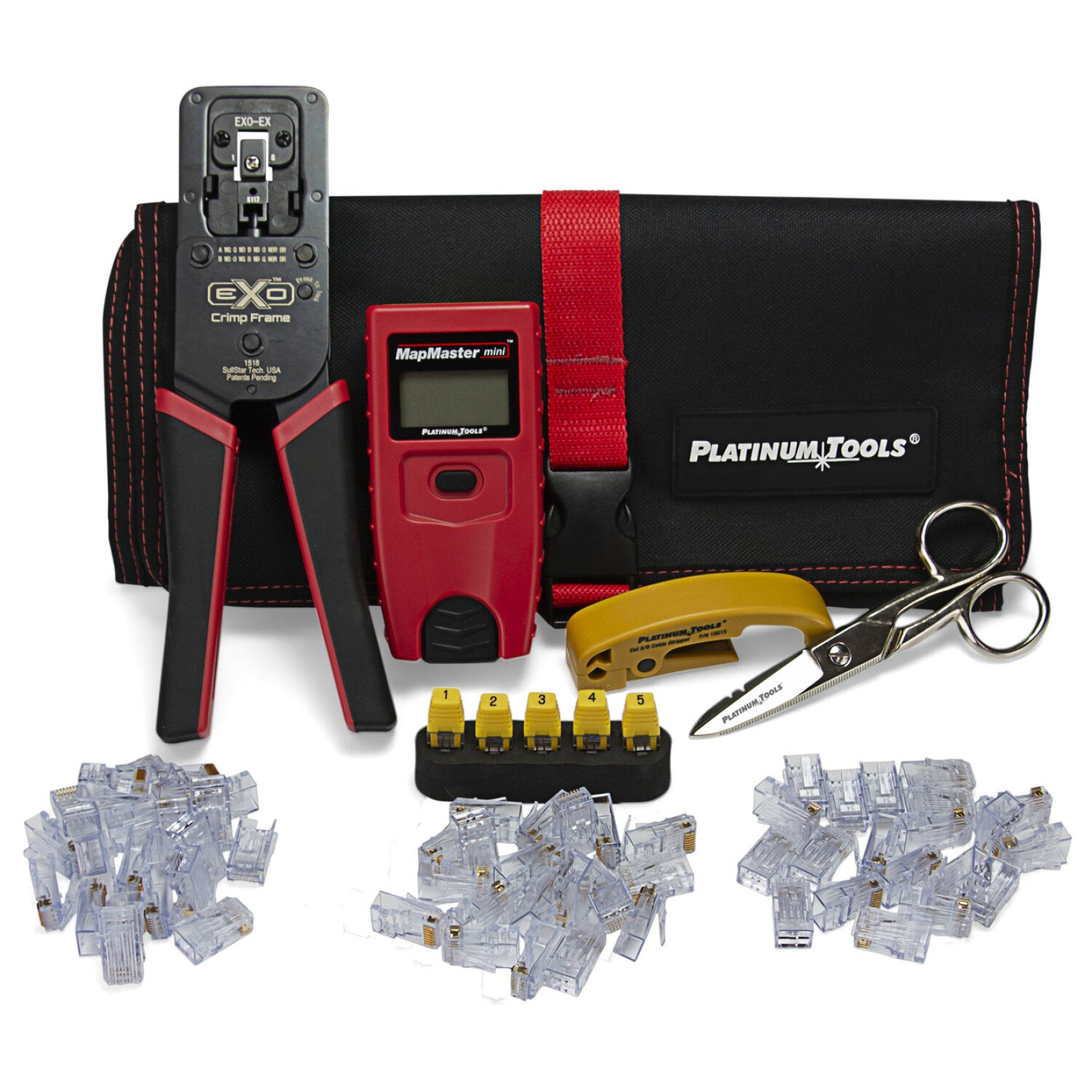 Platinum Tools 90147 ezEX RJ45 Termination and Test Kit with Pass Through RJ45 Connectors - Complete Network Cable Installation Kit Includes Cable Tester & Tool Pouch - Perfect for IT Professionals & Home Network Setup